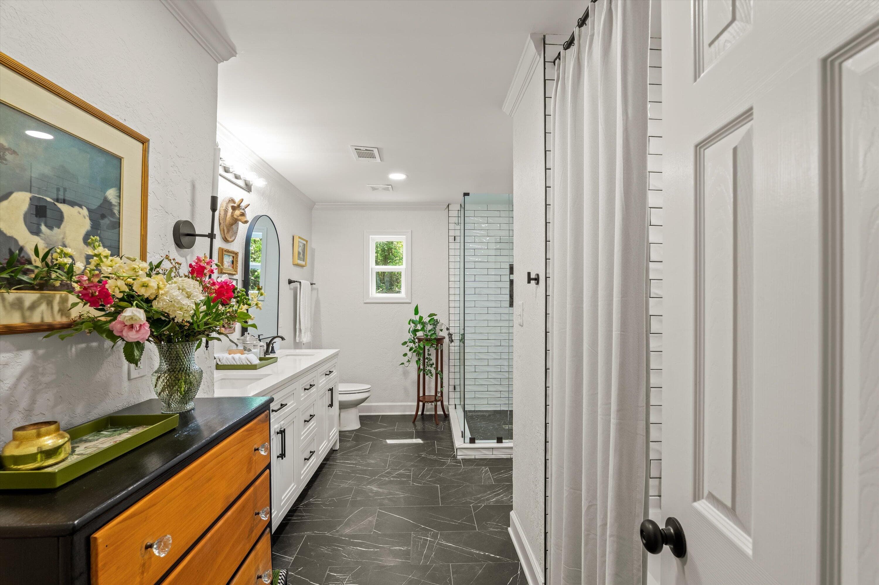 large hall bath with separate tub and free standing glass shower - 140 Lewiston Road, Grovetown, GA 30813