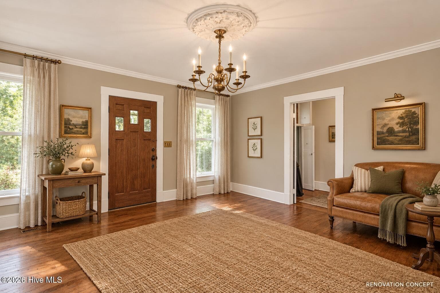 Virtual Staging AI, Family Room just inside the front door - 436 Doctor Robinson Road, Bladenboro, NC 28320