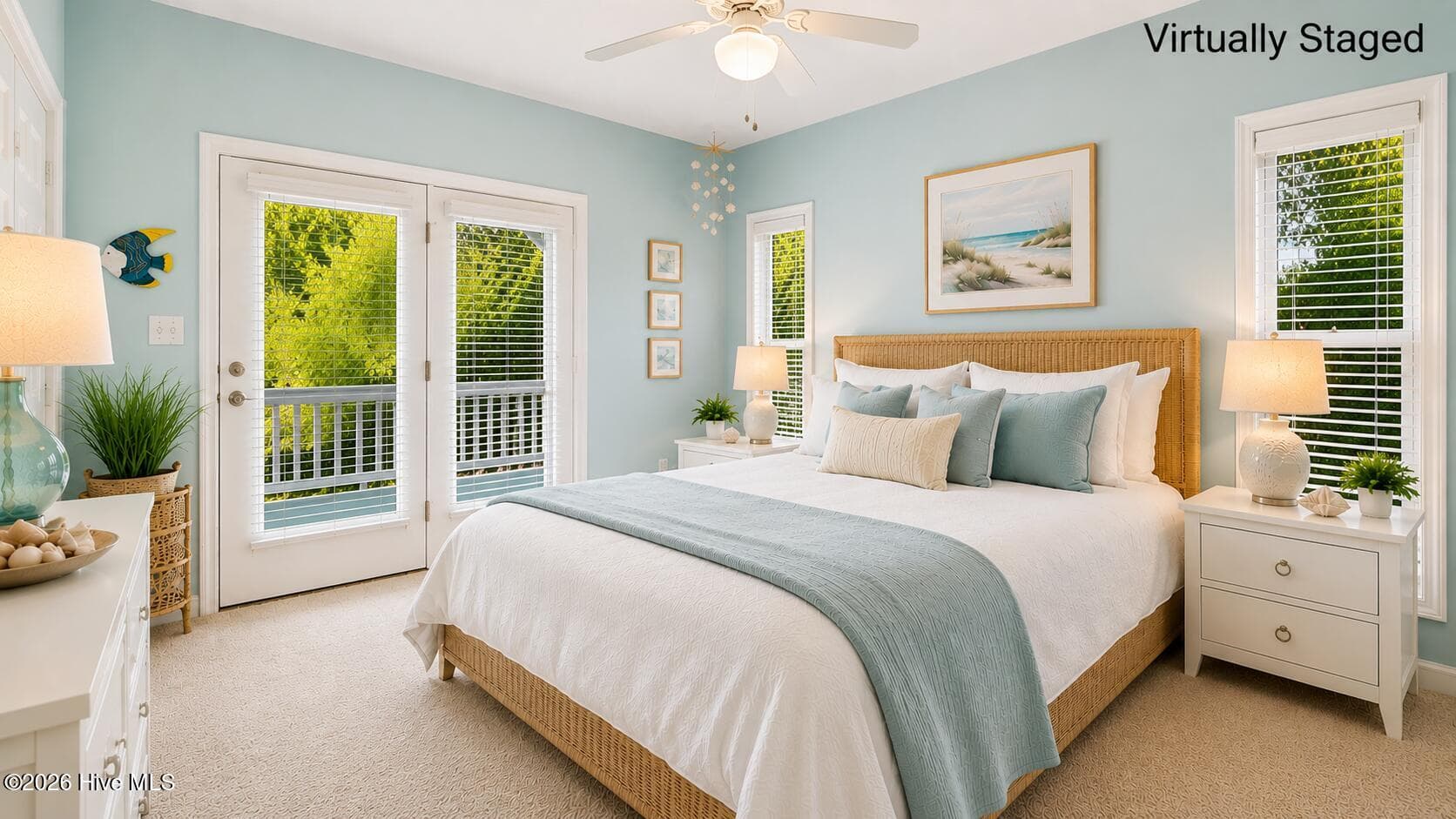 Virually Staged Bedroom 3 with blue virual paint color (Located on Second Level) - 1103 Timber Trail, Emerald Isle, NC 28594