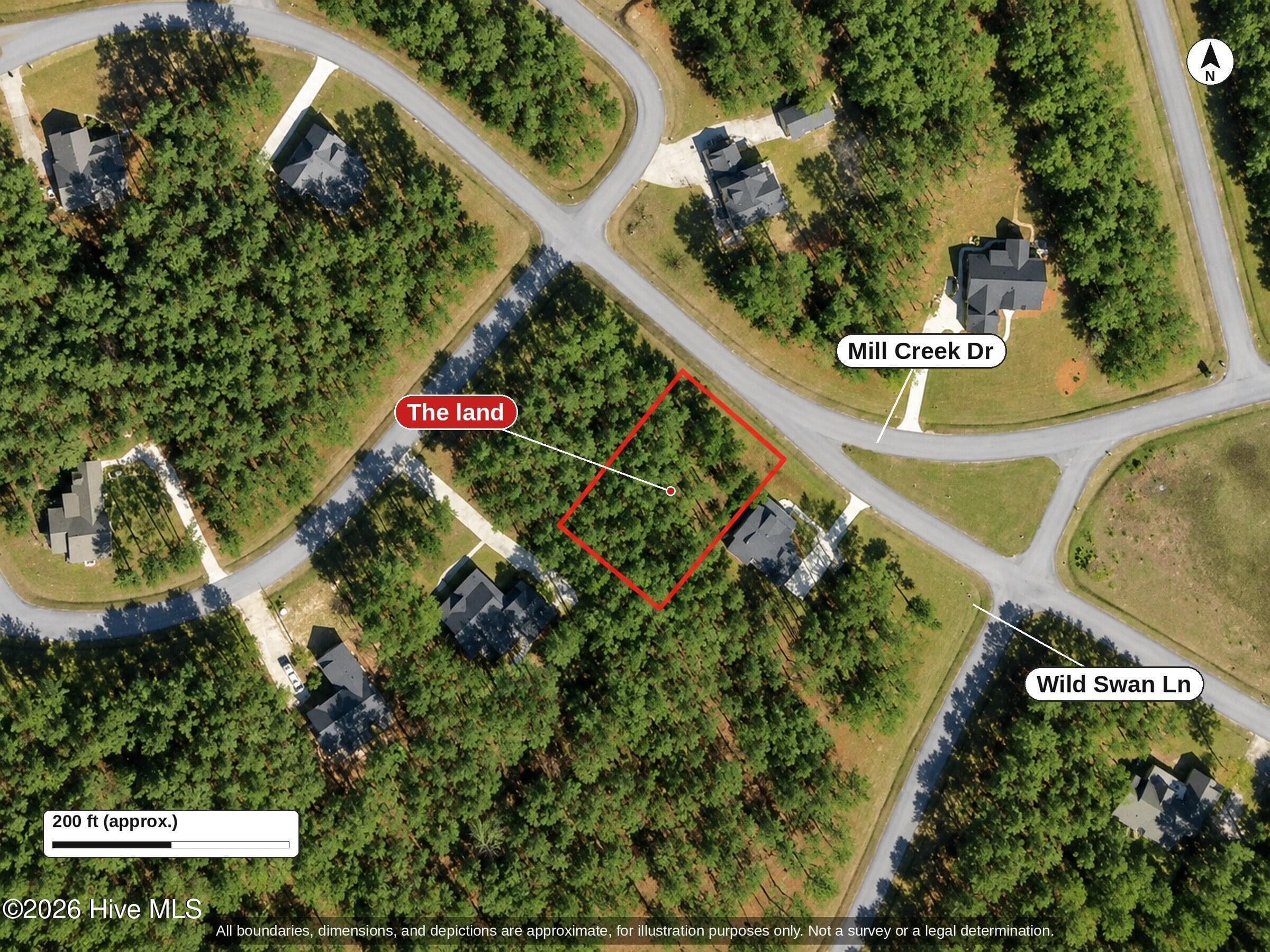 Top-down view of the wooded 0.39 acre lot on Mill Creek Dr at Wild Swan Ln, with 200 ft scale - 0000-0000 LOT 83 Mill Creek Drive, Minnesott Beach, NC 28510