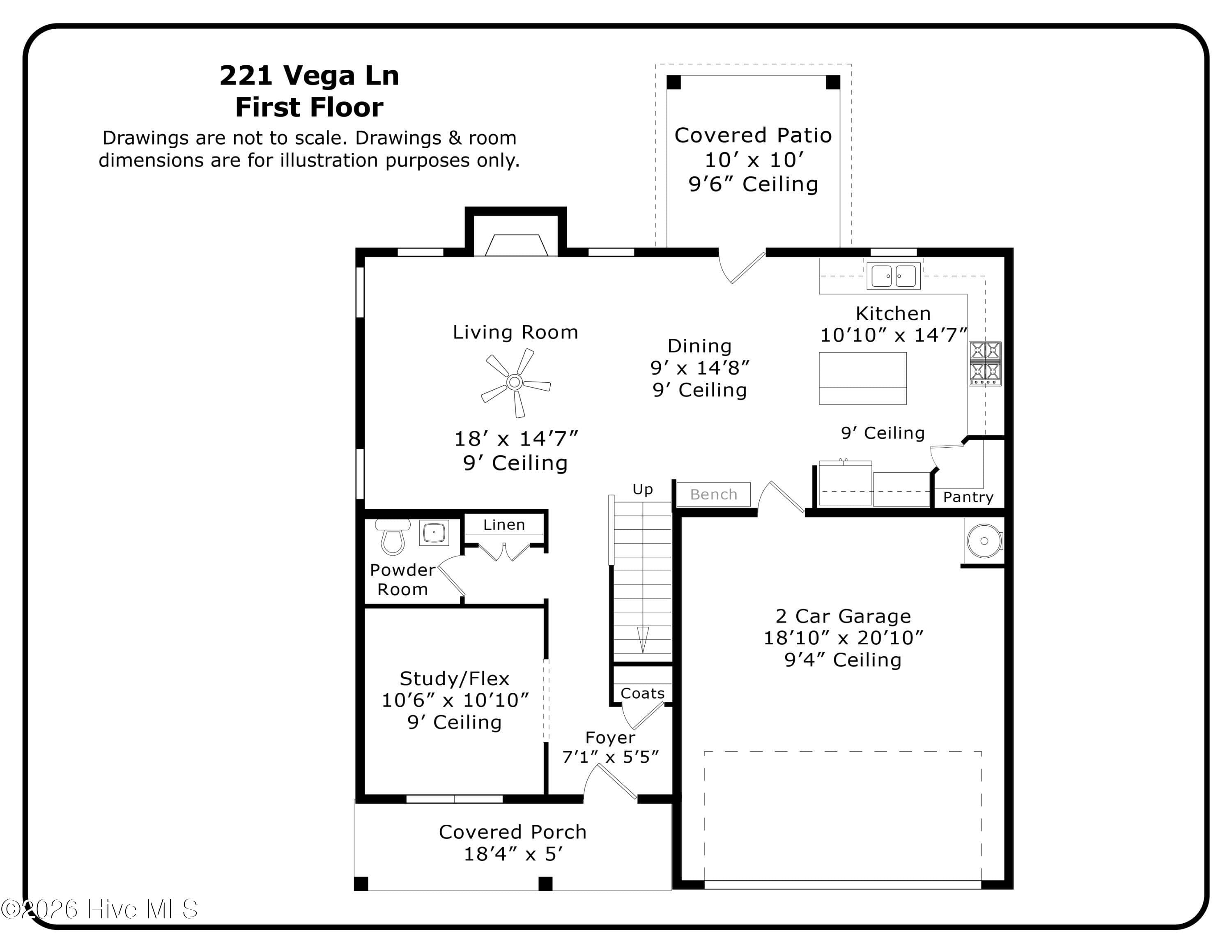 This professionally measured first-floor plan shows how the main level is organized, with the covered front porch, foyer, flex room, and half bath at the front and the open kitchen, dining area, and Great Room at the back. The attached two-car garage, pantry, and drop zone are on the right side, and the covered patio opens off the dining area. The first floor includes 915 heated square feet of the home's 2,164 total, with 9-foot ceilings. Floor plan is for illustration/reference purposes and may not be to scale. - 221 Vega Lane, Linden, NC 28356