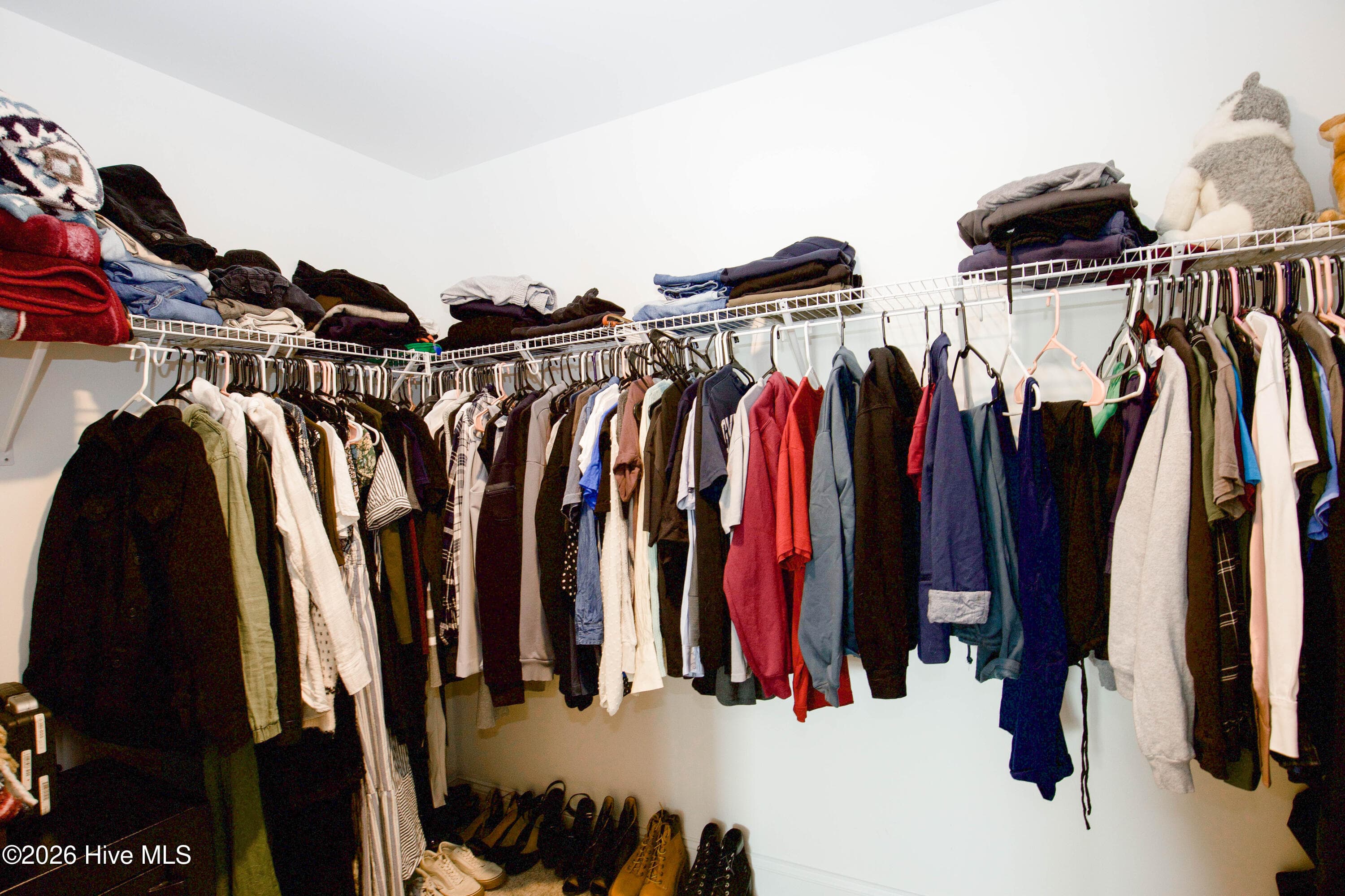 Seen from another corner, the walk-in closet shows its full run of shelving and hanging space. The L-shaped arrangement makes good use of the room's corners. Having this much closet space connected to the primary suite helps keep the bedroom itself uncluttered. - 221 Vega Lane, Linden, NC 28356