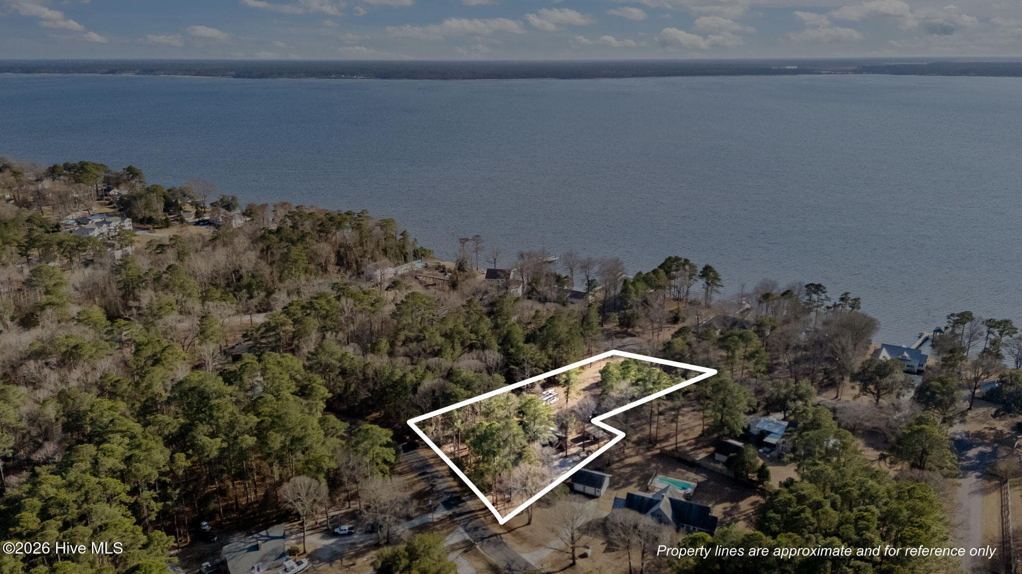 Shows offered Lot 16 in foreground combined for orientation purposes only with separately-available, adjoining Lot 12 (narrower portion facing River). - 135 Wilson Circle, Minnesott Beach, NC 28510