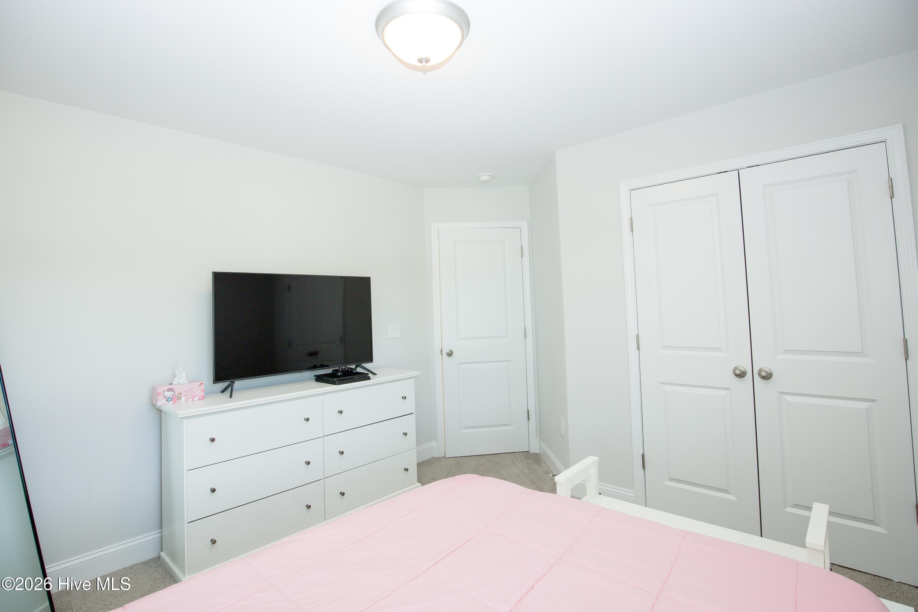 The fourth bedroom's double-door closet sits beside the entry door, keeping storage close to the hall. The closet provides hanging and shelf space for clothing and linens. Carpet and neutral paint carry through, matching the other upstairs bedrooms. - 221 Vega Lane, Linden, NC 28356