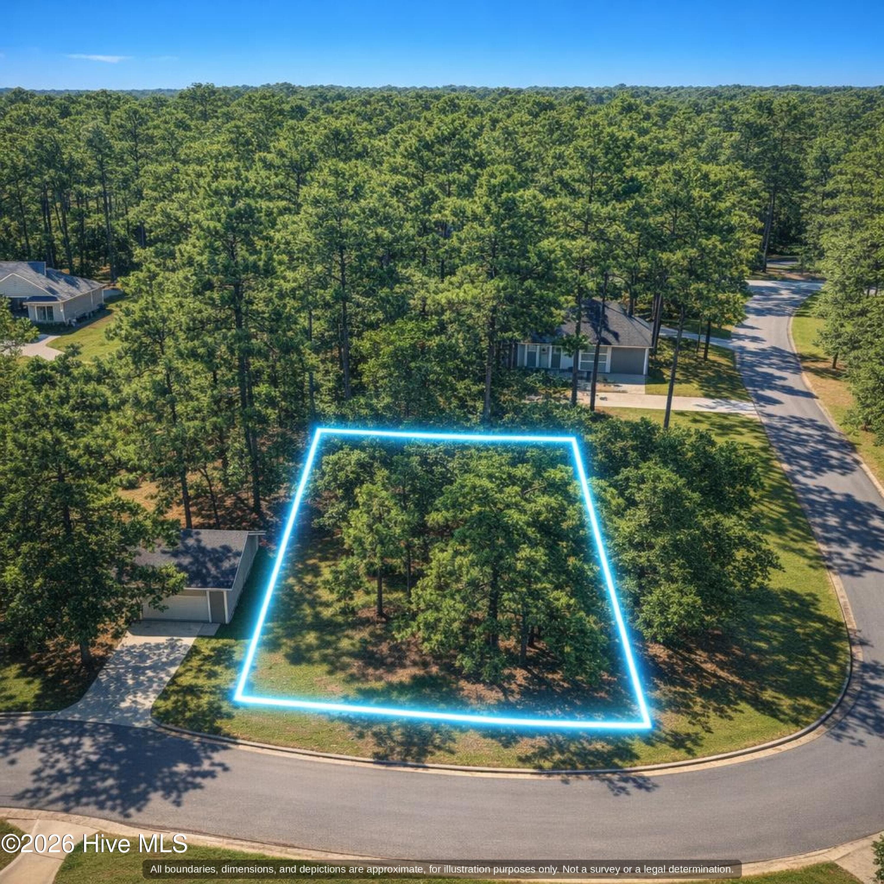 Aerial of the wooded 0.39 acre lot along paved Mill Creek Dr (outline approximate) - 0000-0000 LOT 83 Mill Creek Drive, Minnesott Beach, NC 28510