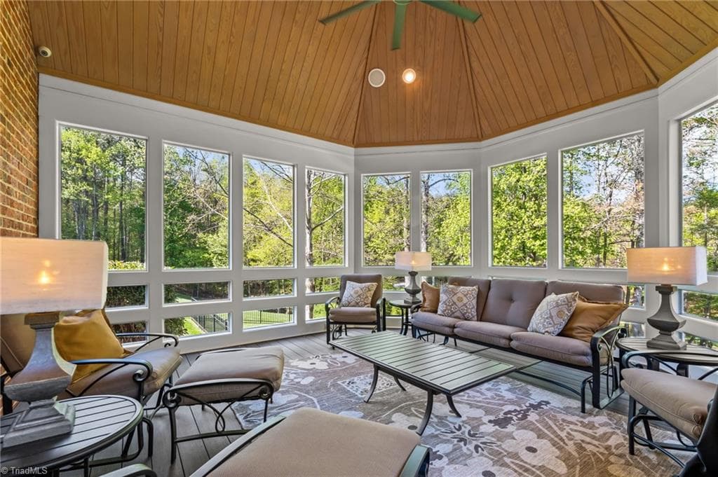 The exceptional screened porch with low maintenance decking and vaulted ceiling offers extensive views of the property - 11555 Double Spring Road, Lewisville NC 27023, Lewisville