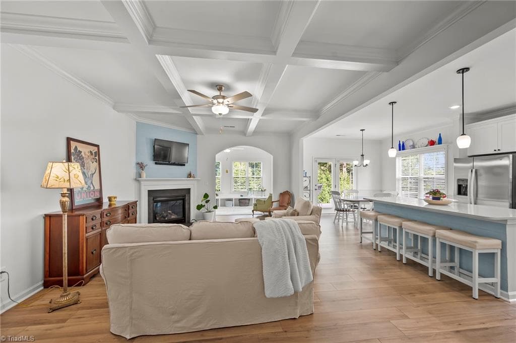 Living Room with coffered ceiling and gas fireplace - 171 Brayden Drive, Advance NC 27006, Advance