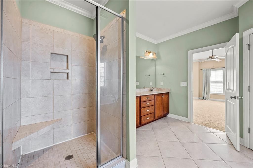 Tiled shower with bench - 1249 Meadow Chase Drive, Lewisville NC 27023, Lewisville