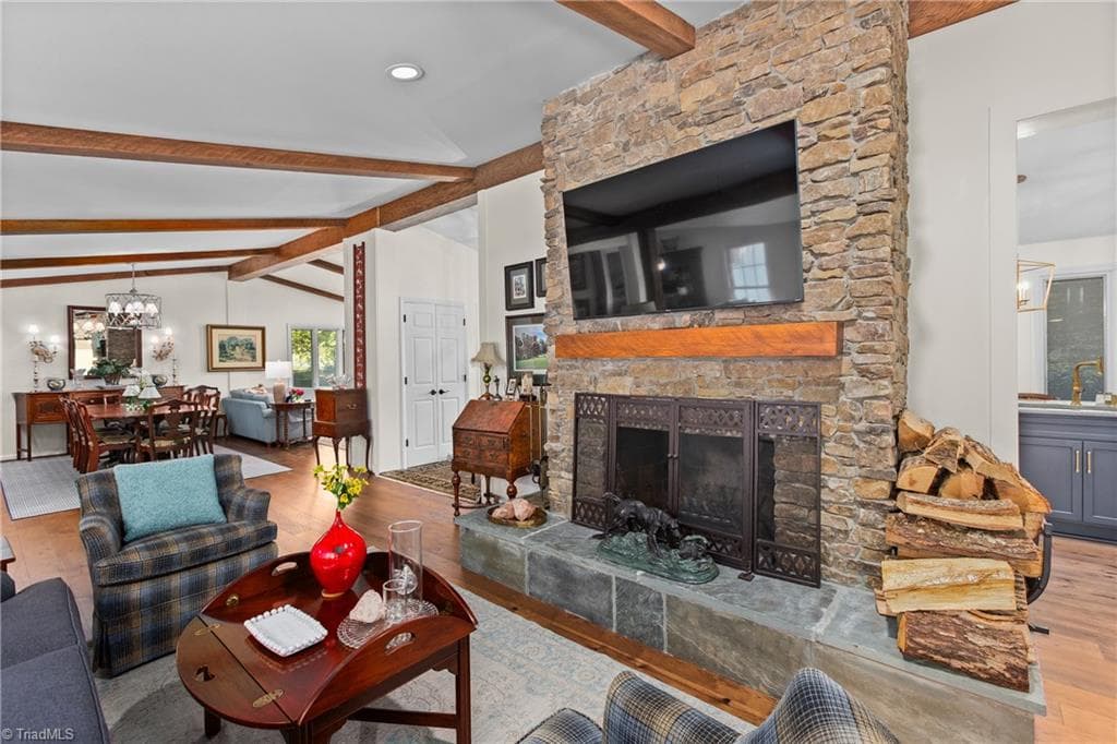 Handsome woodburning stone fireplace - 611 Burning Tree Circle, High Point NC 27265, High Point