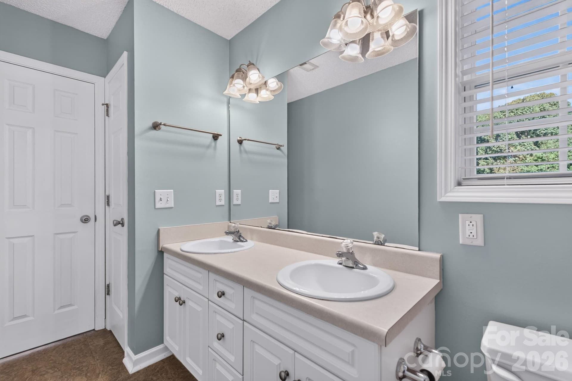 Pristine vanity area with ample counter space, full mirror, and modern lighting. - 702 Painted Lady Court, Rock Hill