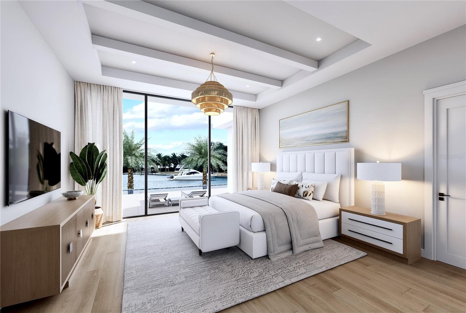Primary Bedroom Rendering is a spa like retreat that invites you to enjoy water views and spectacular sunsets. - 109 N WARBLER LN, SARASOTA