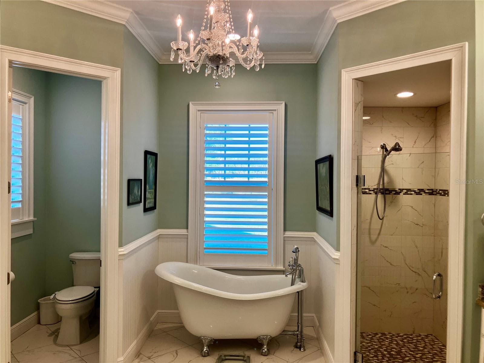 Primary en suite bath with water closet, claw foot tub and shower. - 3709 GALLAGHER RD, PLANT CITY
