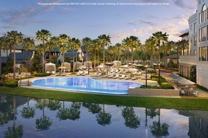 Perfectly situated between the Luxe Residences and Boutique Homes will be a lakeside oasis, featuring the pool and spa, rejuvenating water features, privacy cabanas with towel service and indoor-outdoor dining areas with fire pits and lounge seating. Artist concept rendering, all improvements are proposed and subject to change. ©Disney - 10300 WINTER SPARKLE CIR, GOLDEN OAK