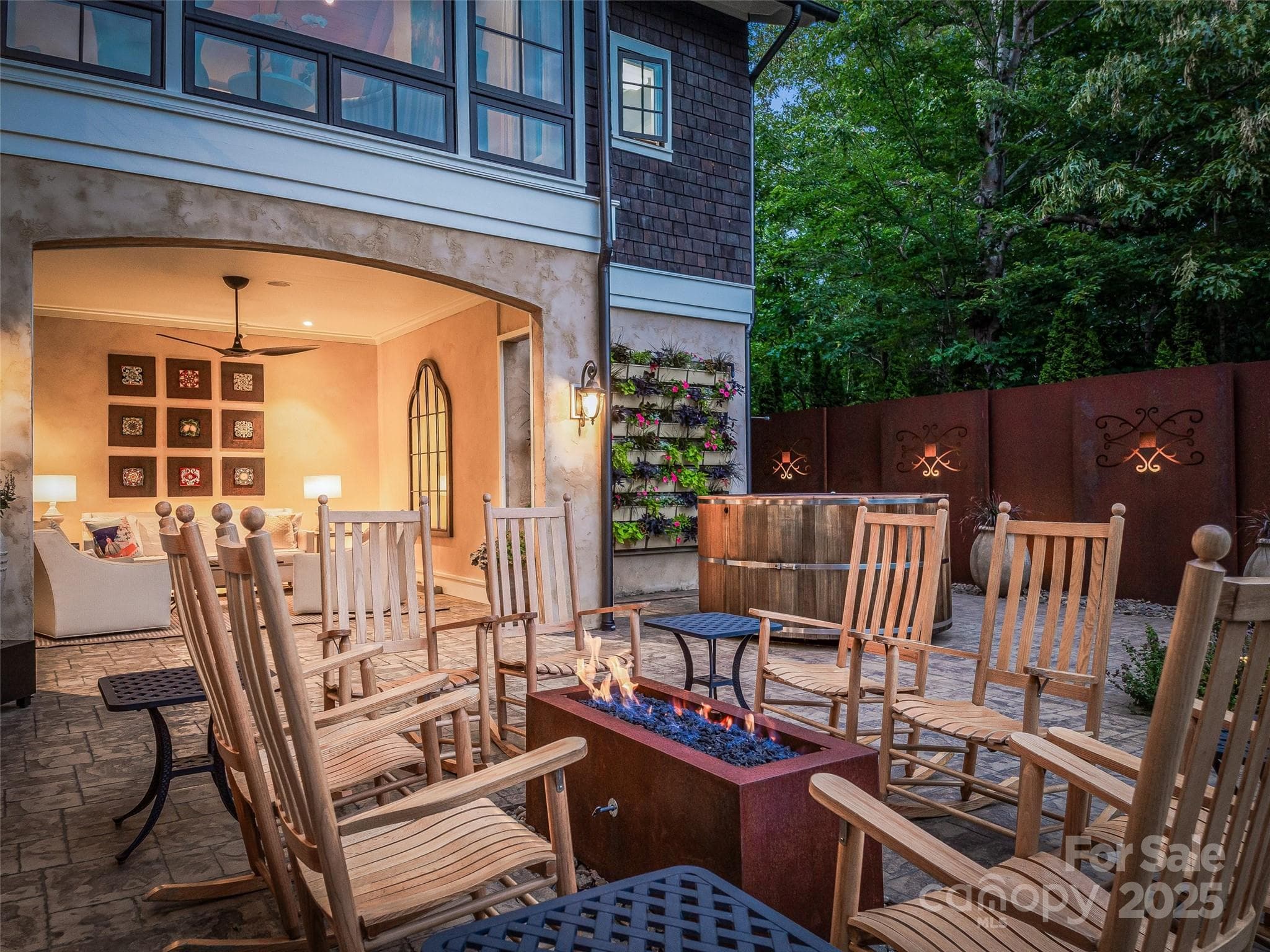 The open terrace provides warmth, flower wall, Main hot tub surrounded by a Corten steel are wall. - 3 Bayonne Trail, Asheville