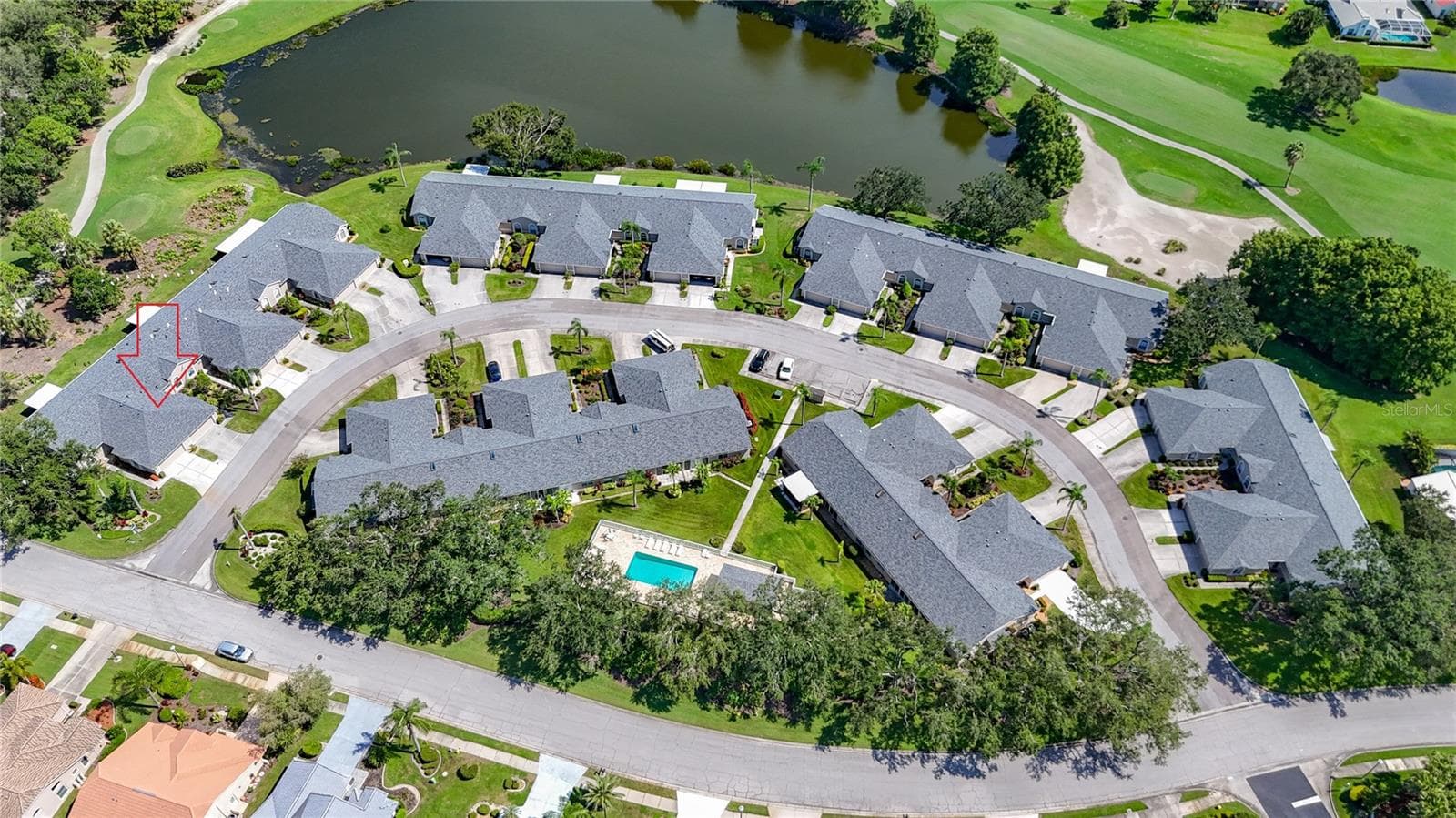 Aerial view of the Villas at Tara. This villa is 2nd on the left of outside of Stoneywalk Court. - 6948 STONEYWALK CT, BRADENTON
