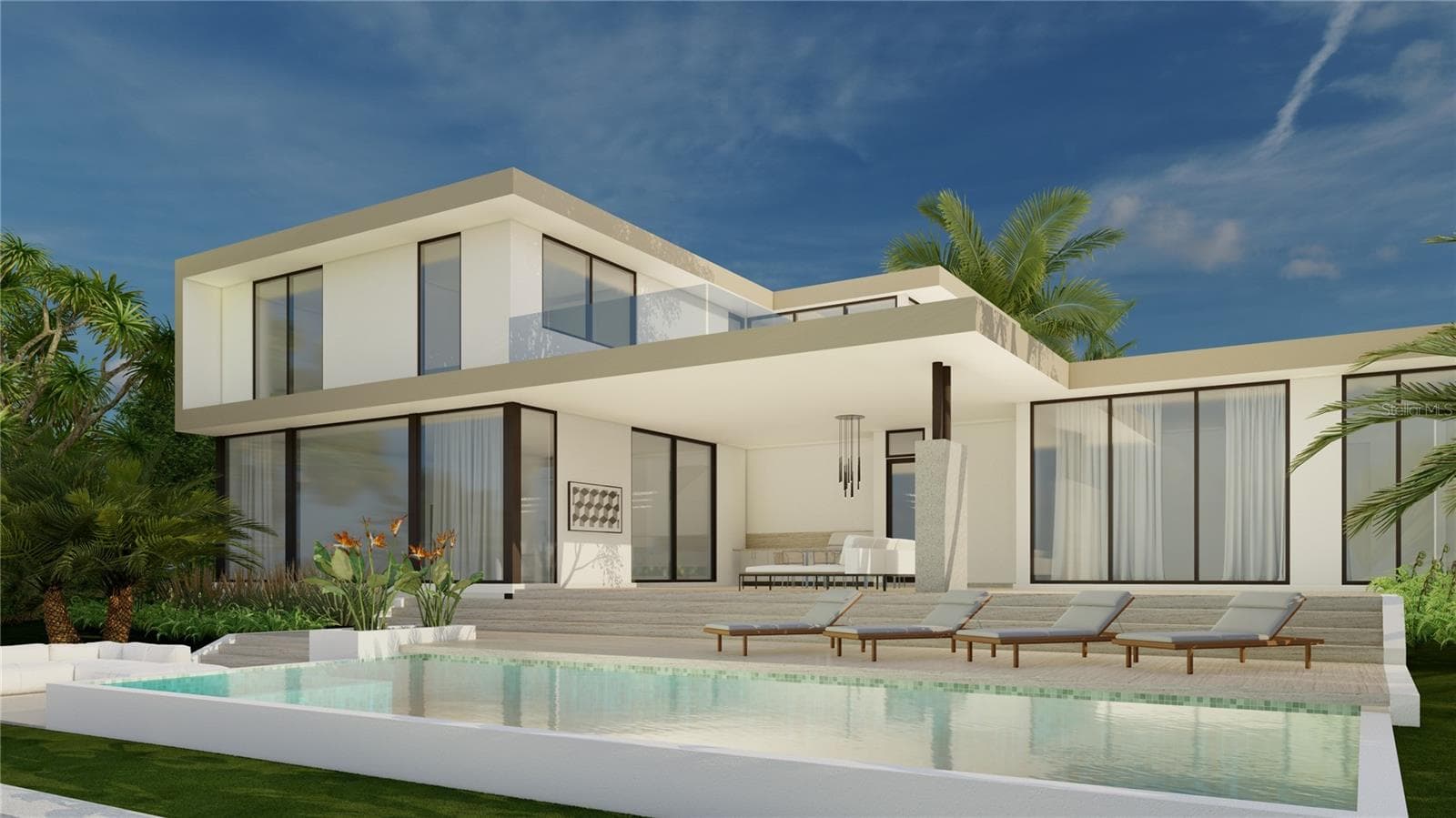 Rear elevation shows oversized lanai and outdoor kitchen. Enjoy bay views from your heated pool, complete with a spa and sunshelf. - 109 N WARBLER LN, SARASOTA