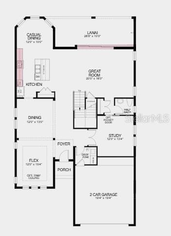 First Floor Plan - Additional Highlights Include: pocket sliding door, shower at bath 2, outdoor kitchen rough-in, and gourmet kitchen. - 3328 LUMBER FALLS DR, PLANT CITY