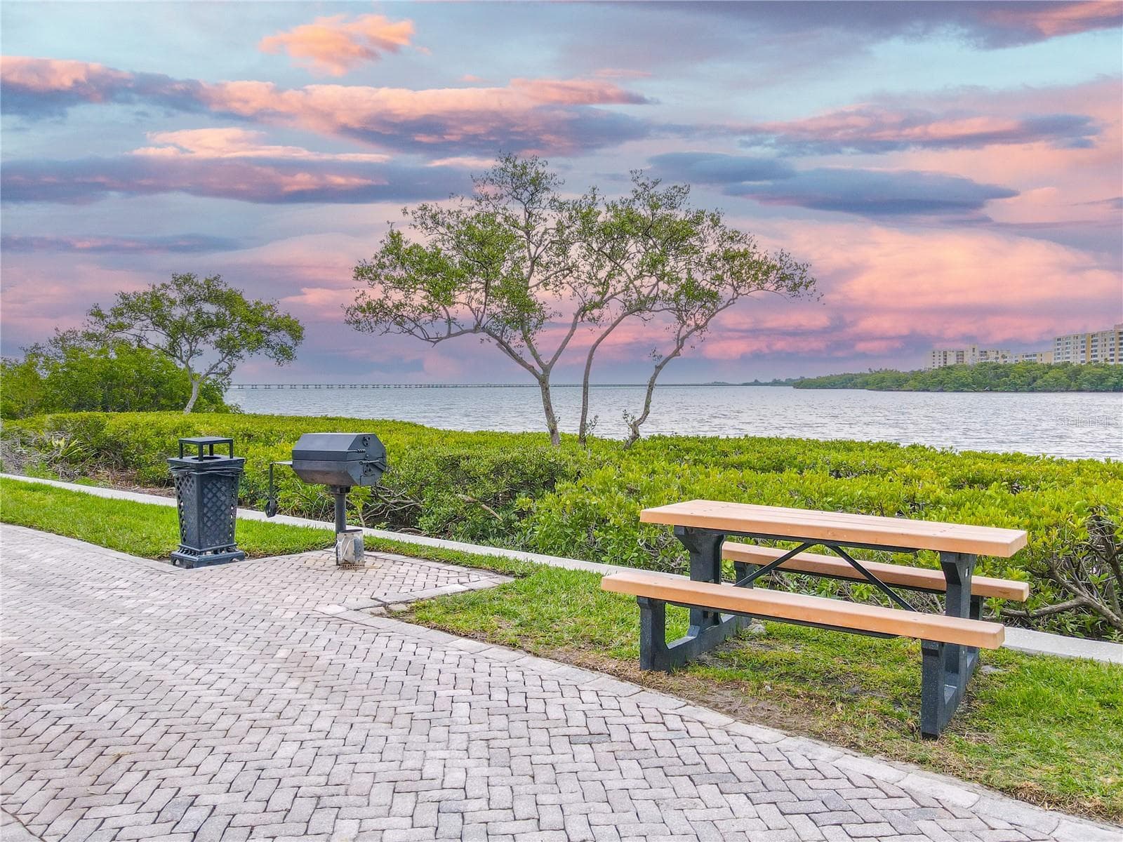 Waterfront picnic area along the bay featuring a paver patio, grill, and bench seating—an ideal spot to relax and enjoy stunning sunset views over Old Tampa Bay. - 2738 VIA TIVOLI #220B, CLEARWATER