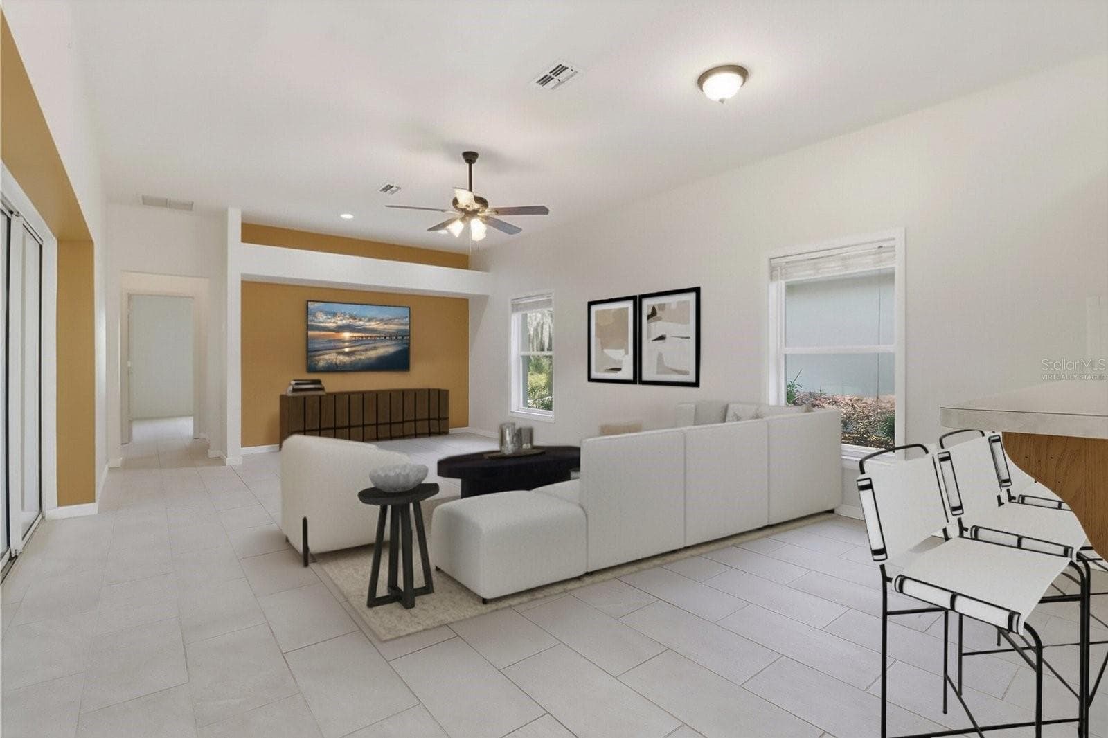 Living Room w/ Full Wall of Pocket Sliders that Open to the Sunroom & Screened Atrium...Virtually Staged - 6301 W GLYNBORNE LOOP, CRYSTAL RIVER