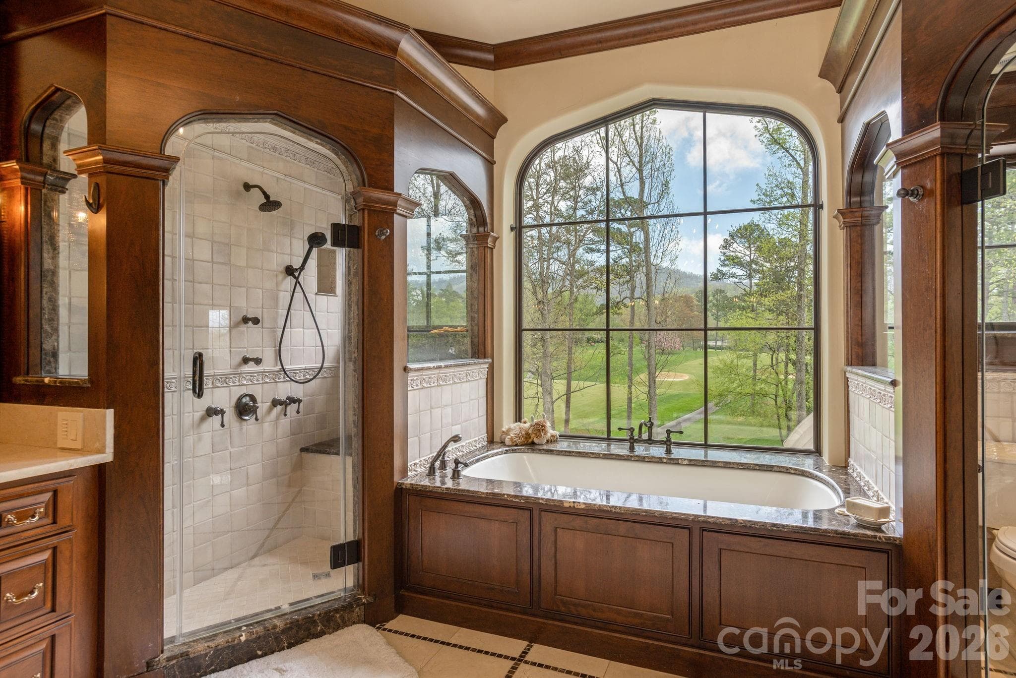 Luxurious primary en-suite featuring a walk-in shower and spa-like amenities. - 8 Fairway Place, Asheville