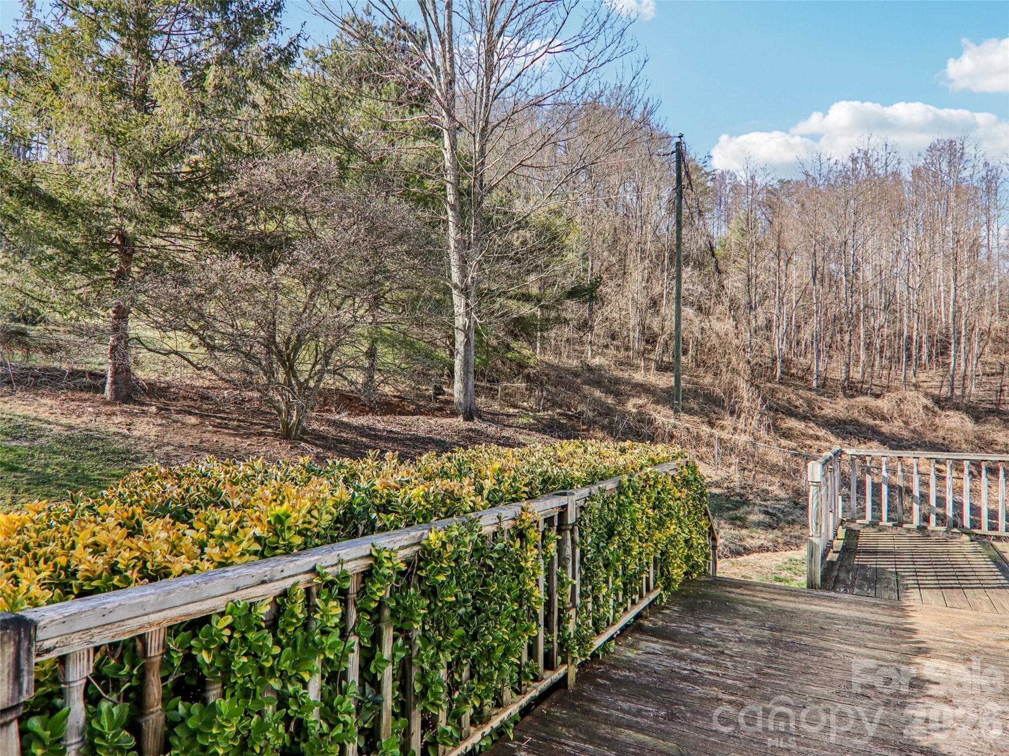 Deck view overlooking the fenced backyard and wooded backdrop - 7 Landon Mountain Lane, Weaverville