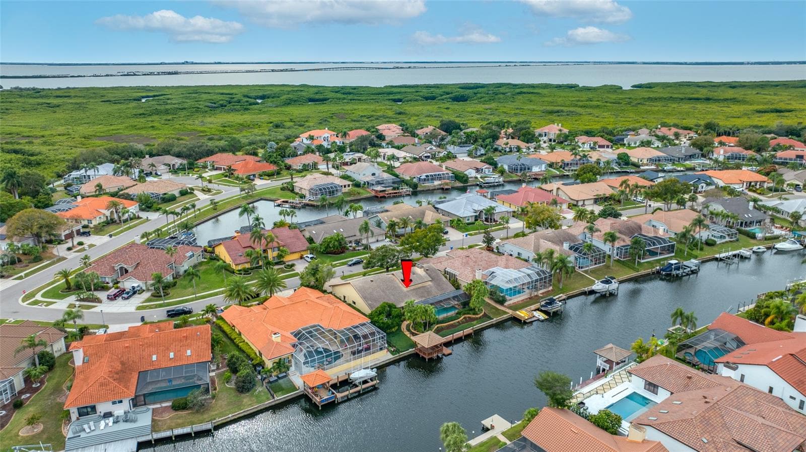 Aerrial view showing home and Tampa Bay in background - 9807 COMPASS POINT WAY, TAMPA