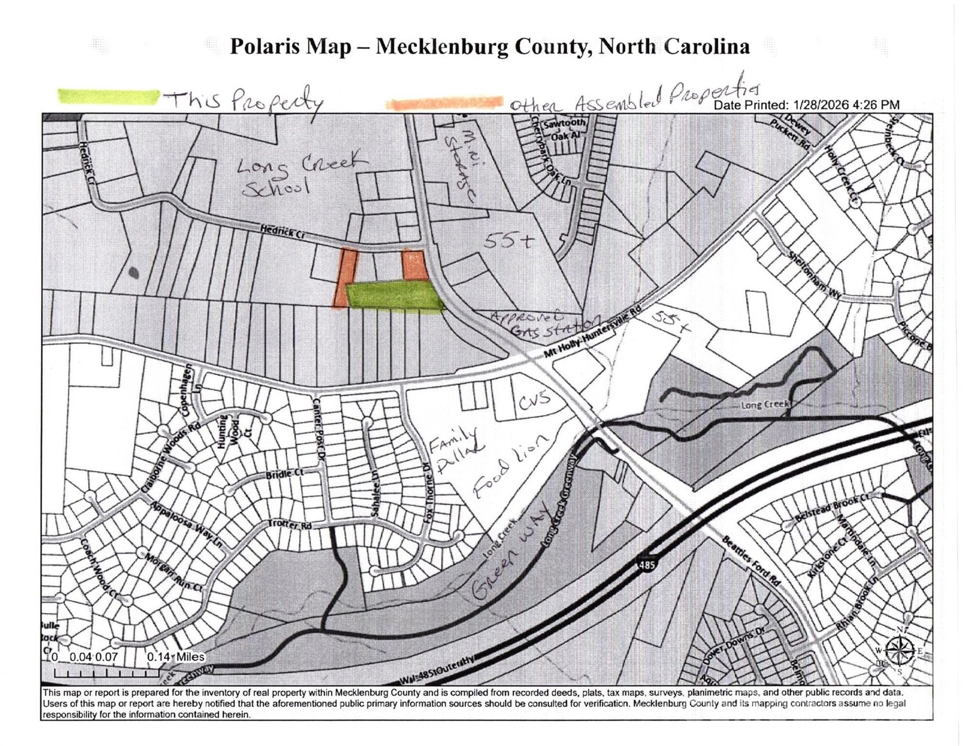 Green is this property. Orange is other assembled properties. - Huntersville