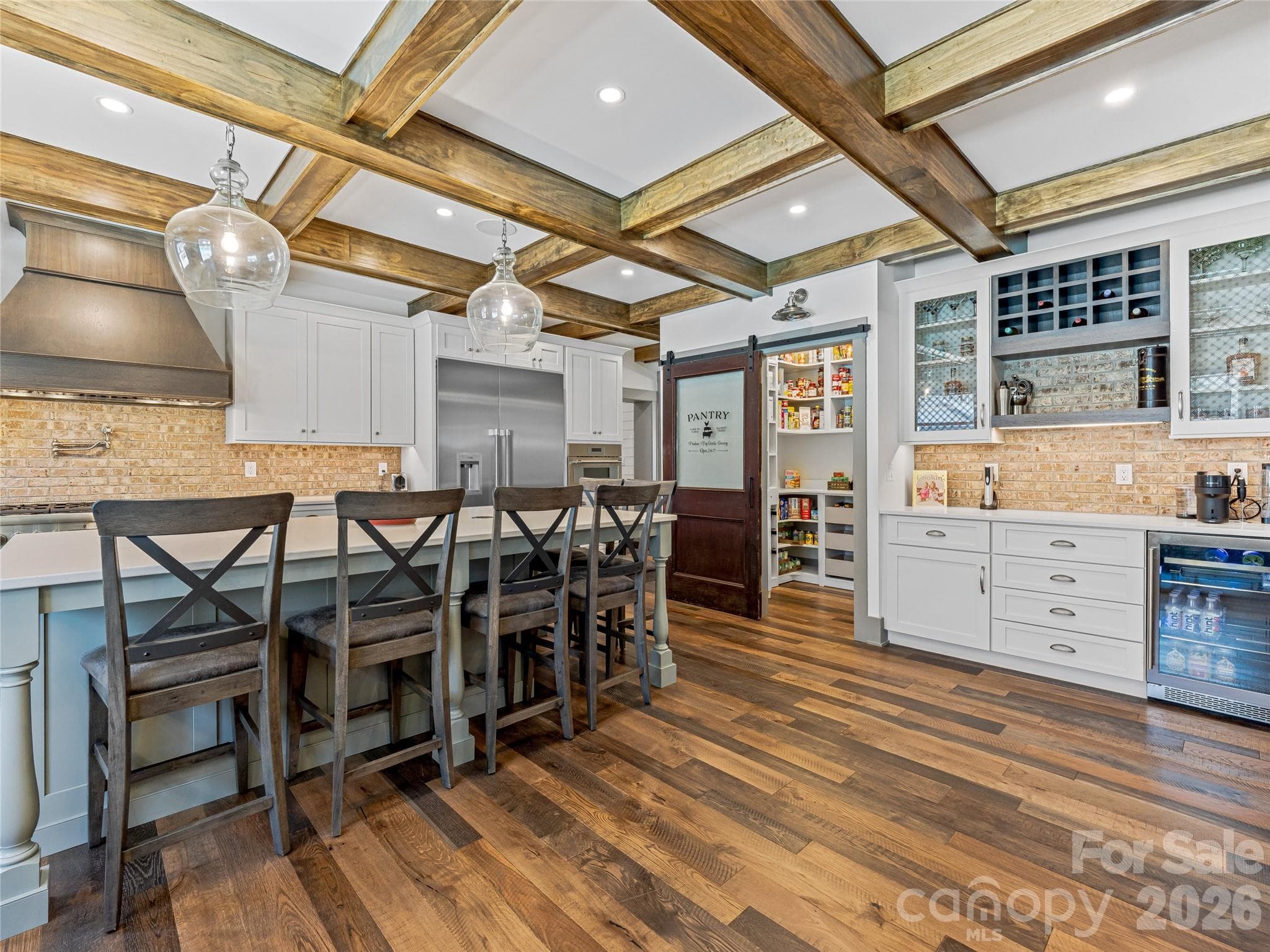 Kitchen w/ coffered ceiling, walk-in pantry, and bar - 59 W Bradford Hill Road, Mills River