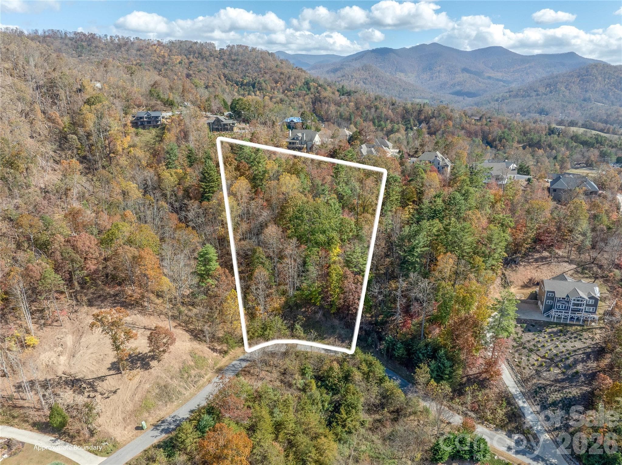A second approximate Lot line overlay - Not a survey - Neighbors lot being cleared for building to the left - Home now completed  - Top of the lot is High Bluff Ridge - drive up to see the views. - Weaverville