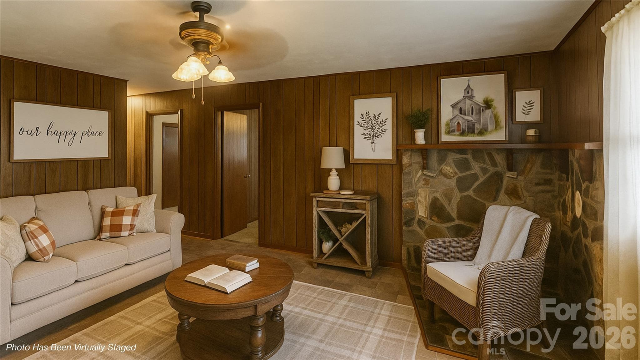 virtually staged living room to bring vision - 560 Bailey Mountain Road, Mars Hill
