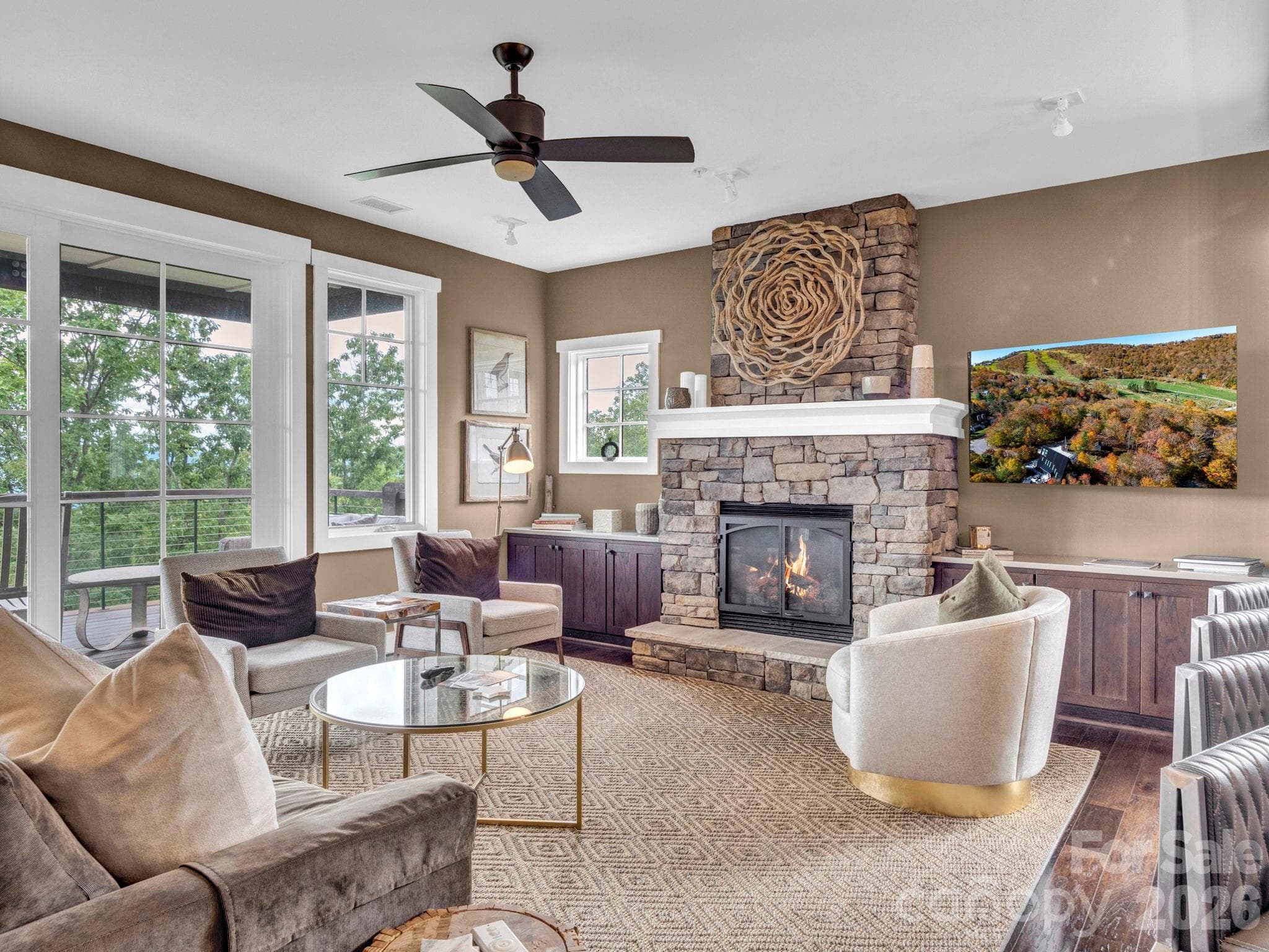 Living room fireplace with stone surround - 198 Ramblestone Terrace, Boone