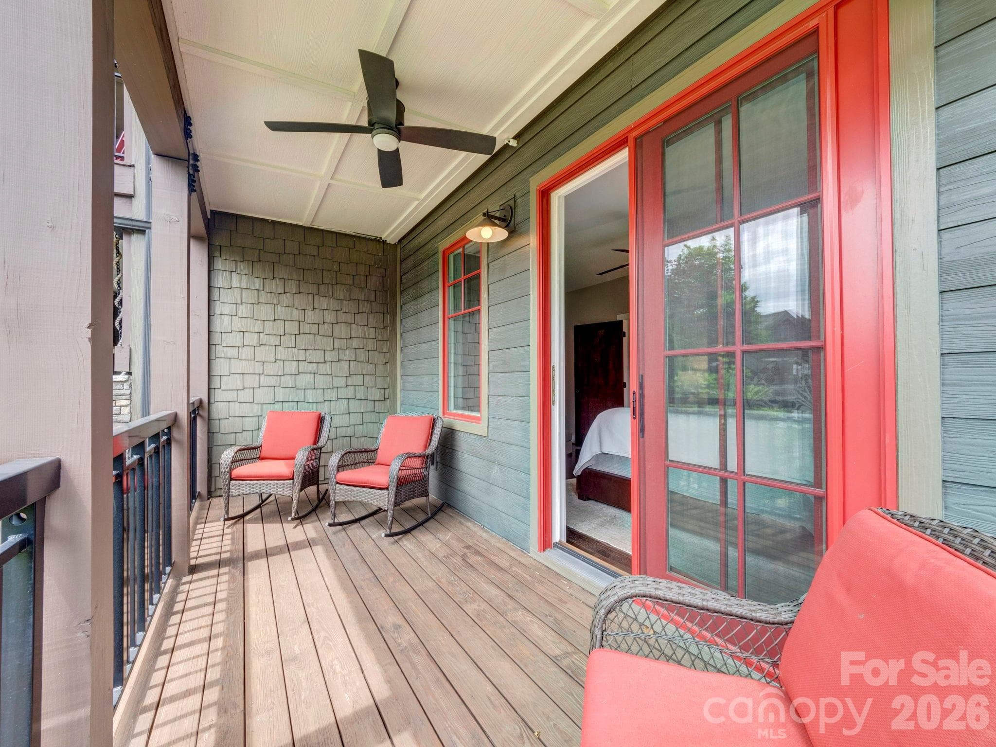 Porch off of Primary bedroom with ceiling fan - 198 Ramblestone Terrace, Boone