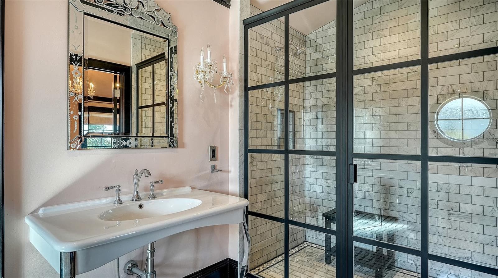 Glass-enclosed shower with marble tile - 513 VILLA ROSA WAY, ANNA MARIA