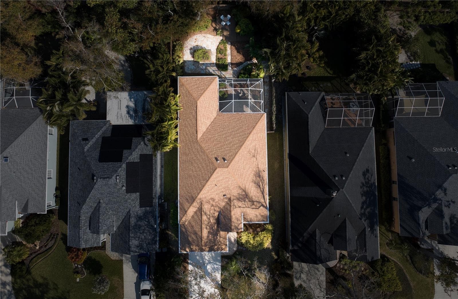 Aerial view of home showing deep lot and screened patio on the back of the home - 156 TALL TREES CT, SARASOTA