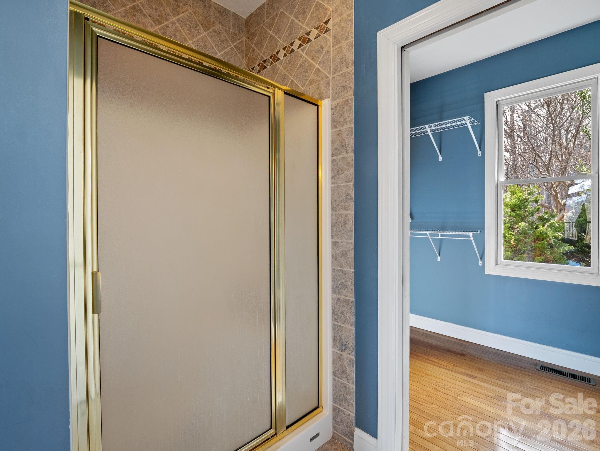 Primary shower and mirrored pocket door leading into closet - 308 Bluebird Road, Lake Lure