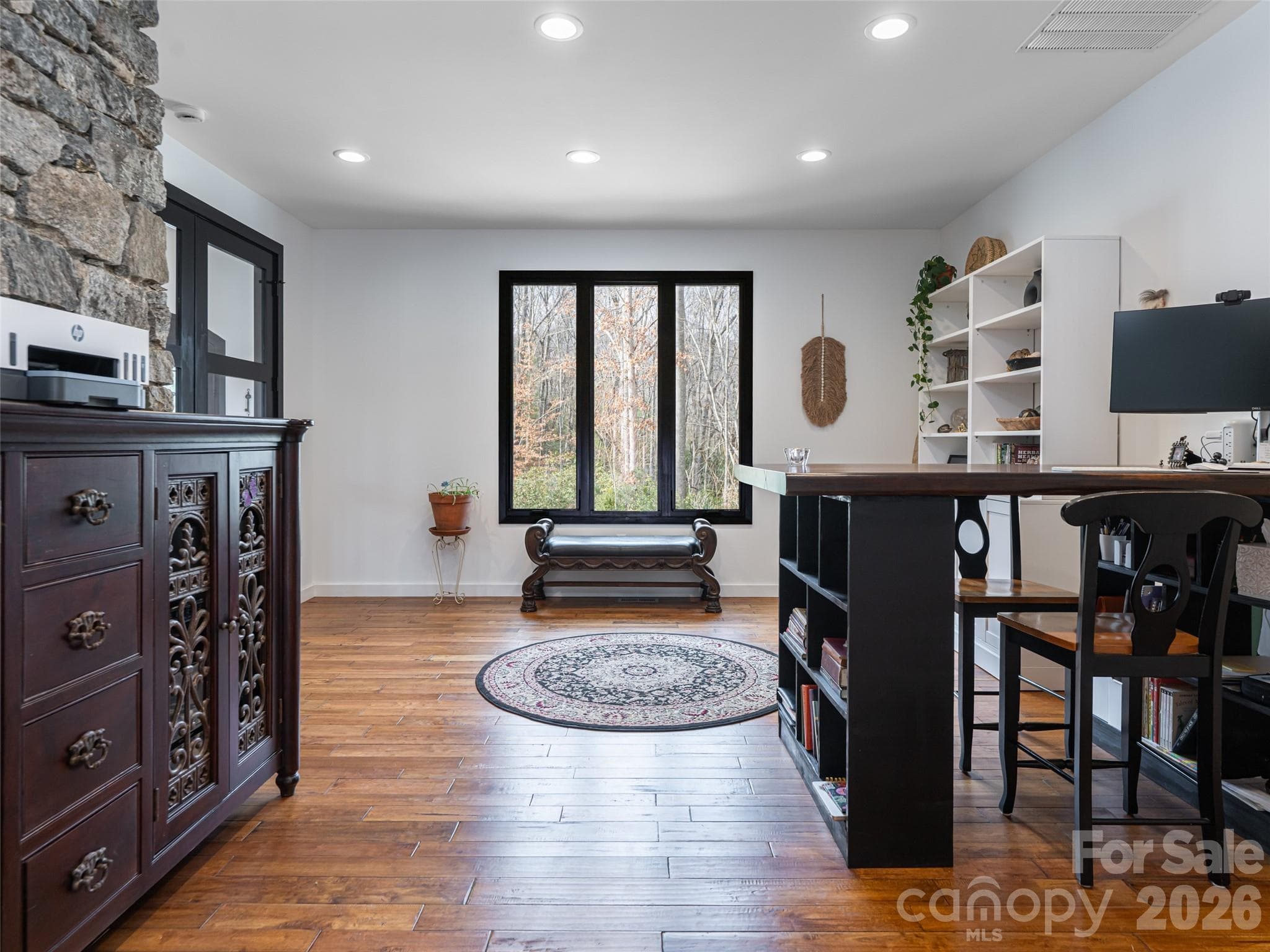 Office off the Great Room featuring an interior stone wall - 508 Avery Creek Road, Arden