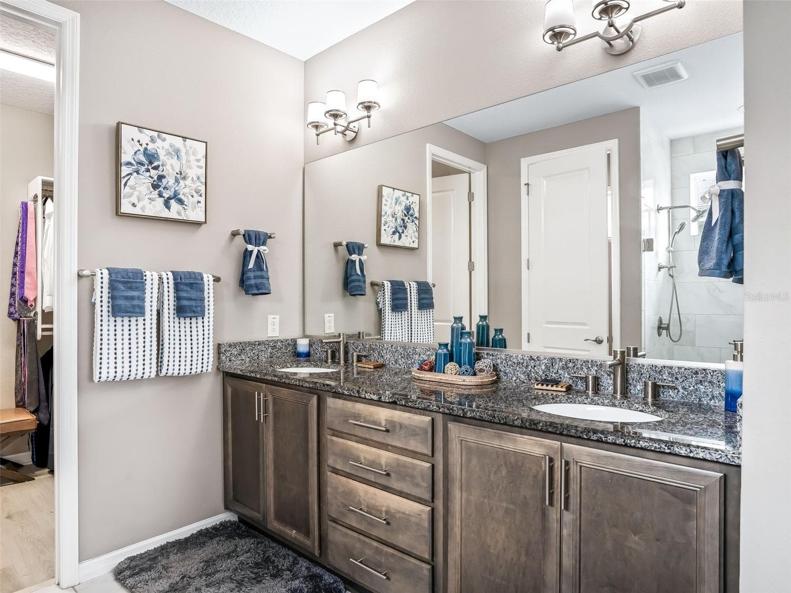 Primary bathroom with double vanity, shower and leads into the large closet with custom closet systems - 5662 NW 40TH LOOP, OCALA