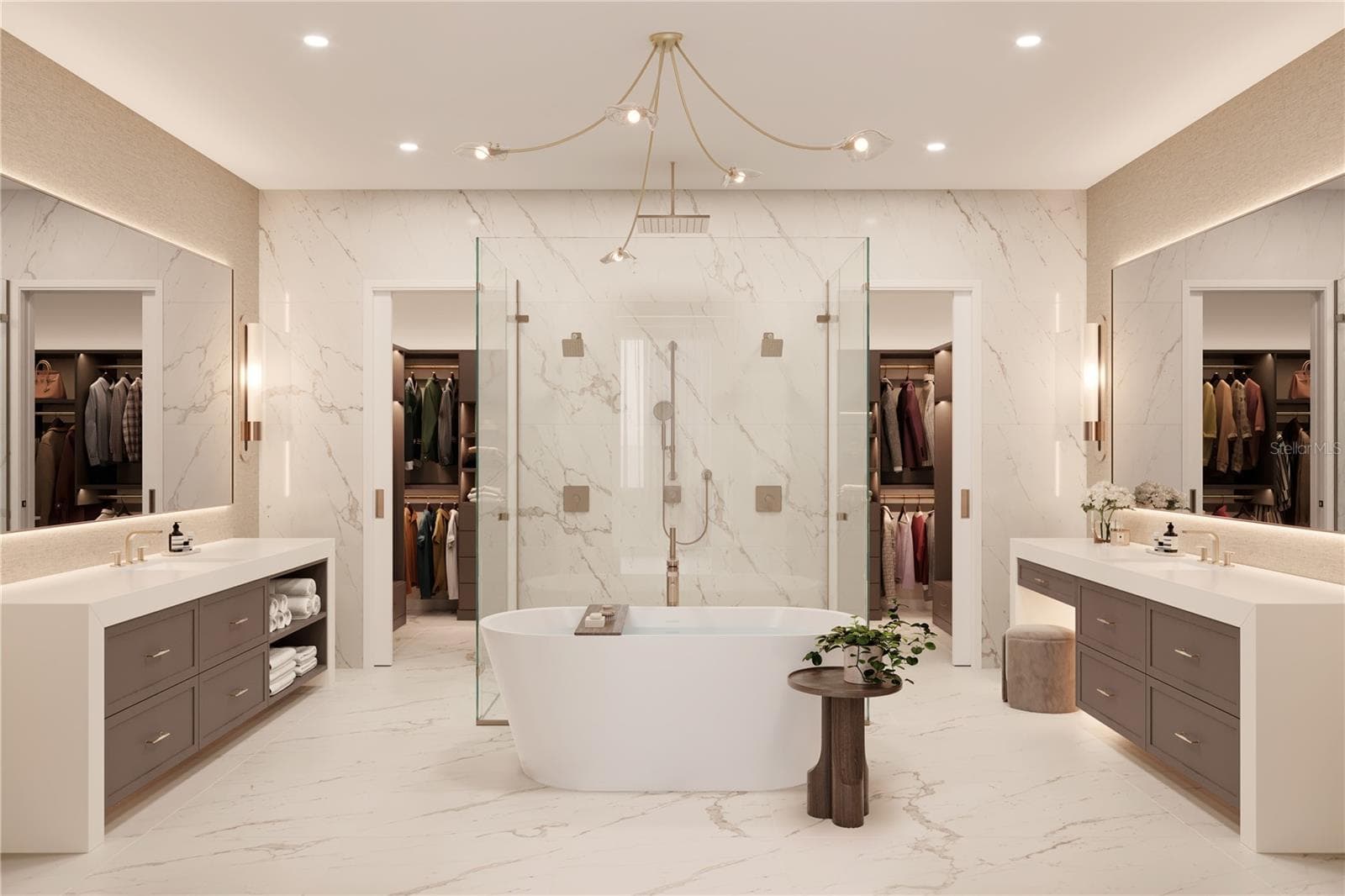 Primary bathroom offers dual water closets, sinks, and built out walk in closet. Renderings and plans are conceptual and provided for illustrative purposes only, with final design, materials, and specifications subject to change without notice. - 65 S PALM AVE #1205, SARASOTA