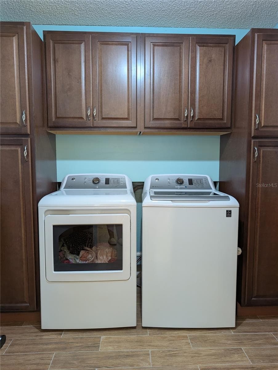 Interior laundry has GE washer and dryer (2018), rich wood cabinetry and wood plank tile flooring.  Dryer vents thru garage (on left) to outside. Hallway is to the right. - 9204 36TH WAY N #6, PINELLAS PARK