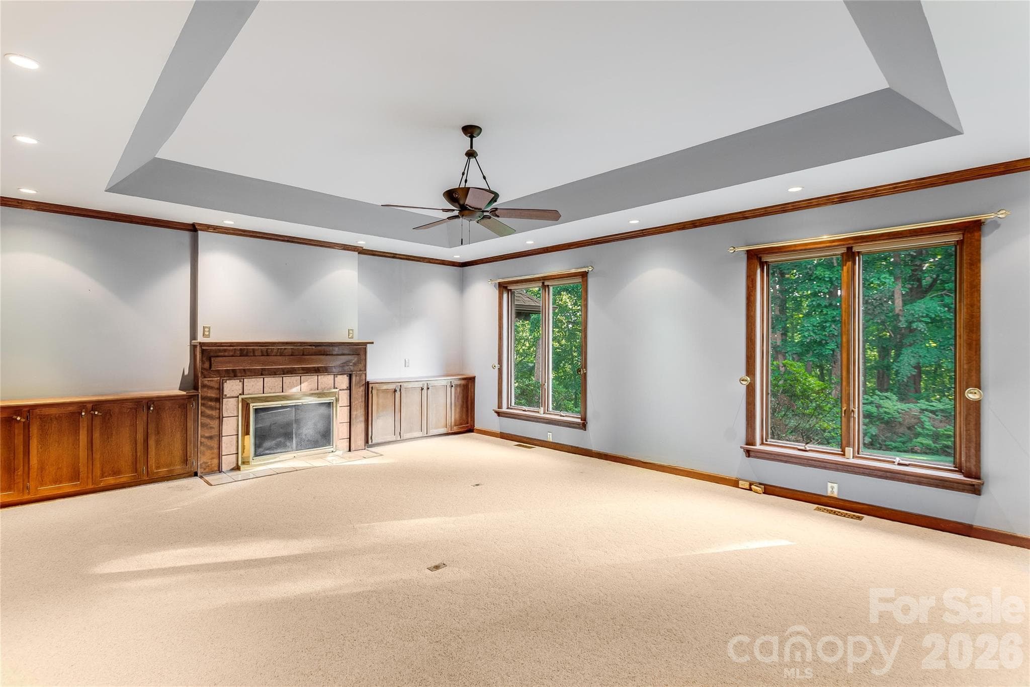 Tray ceiling and fireplace in library - Clyde