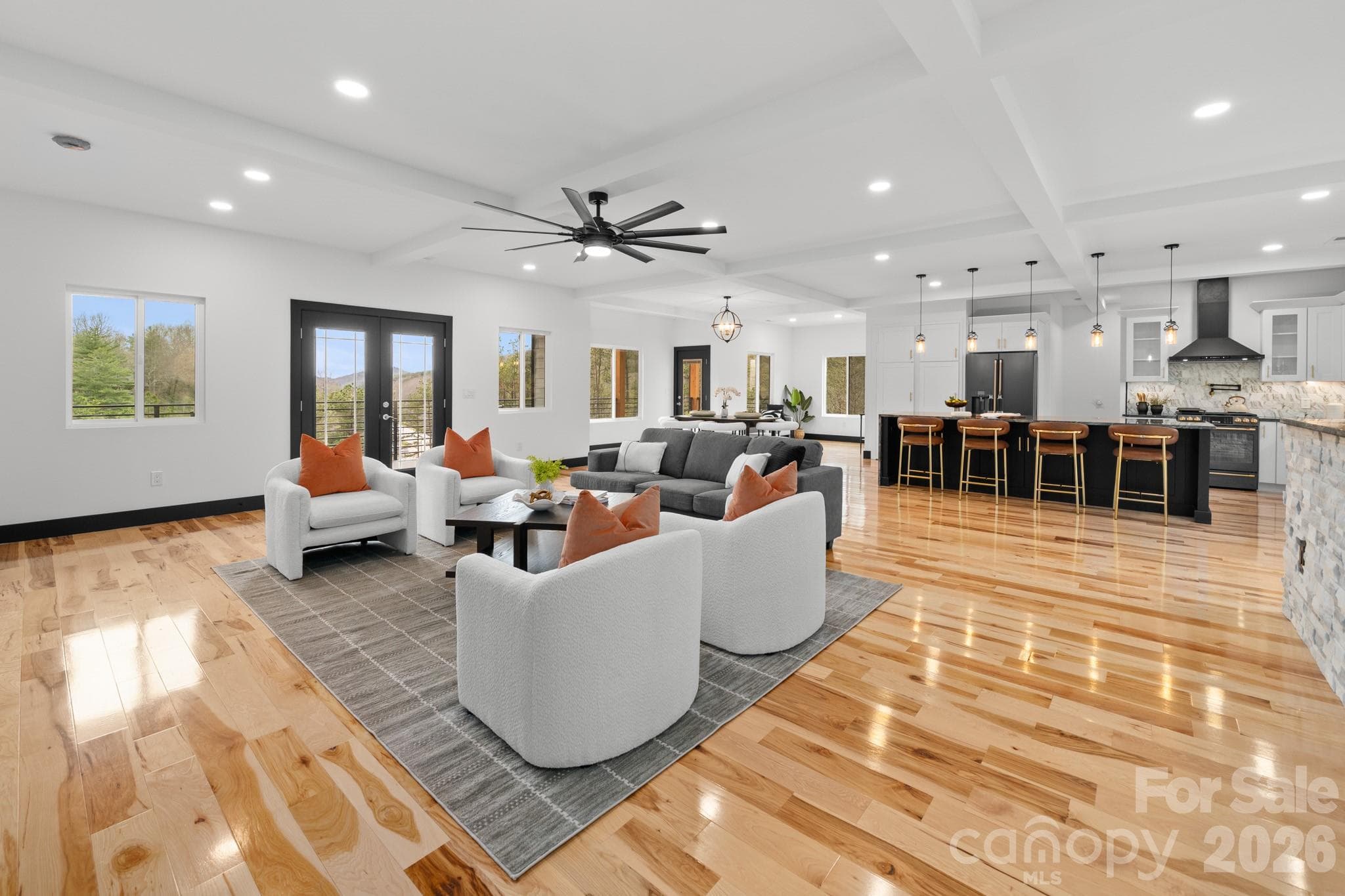 Open kitchen, living room, and dining area - 74 Jeranna Road, Mills River