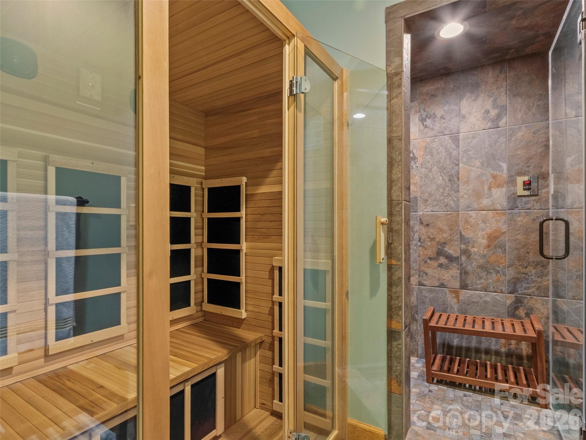 Luxury spa room with infrared sauna and custom-tiled steam shower - 151 Austin Mountain Drive, Burnsville