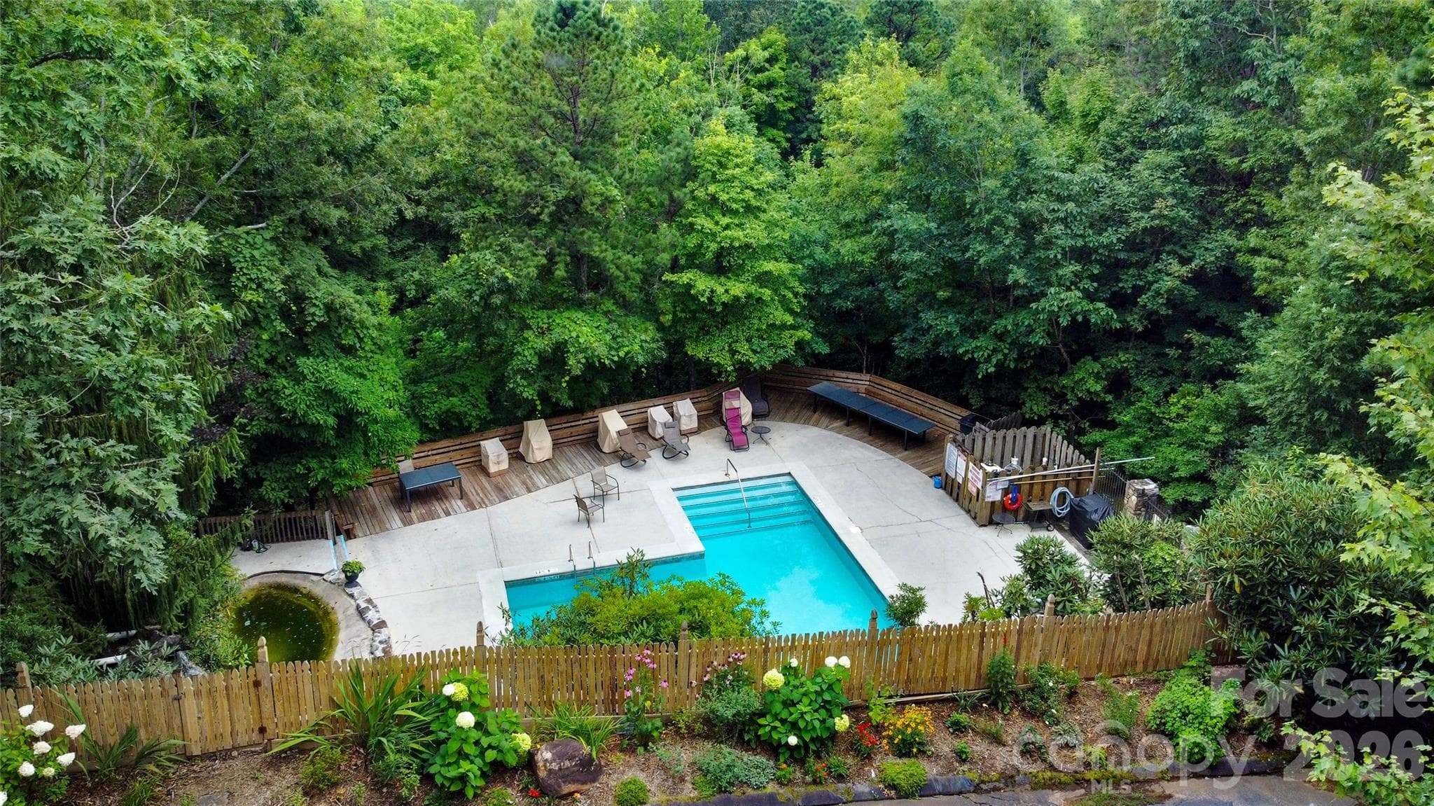 Pool Area Summer View from Deck - 121 Toxaway Views Drive, Lake Toxaway
