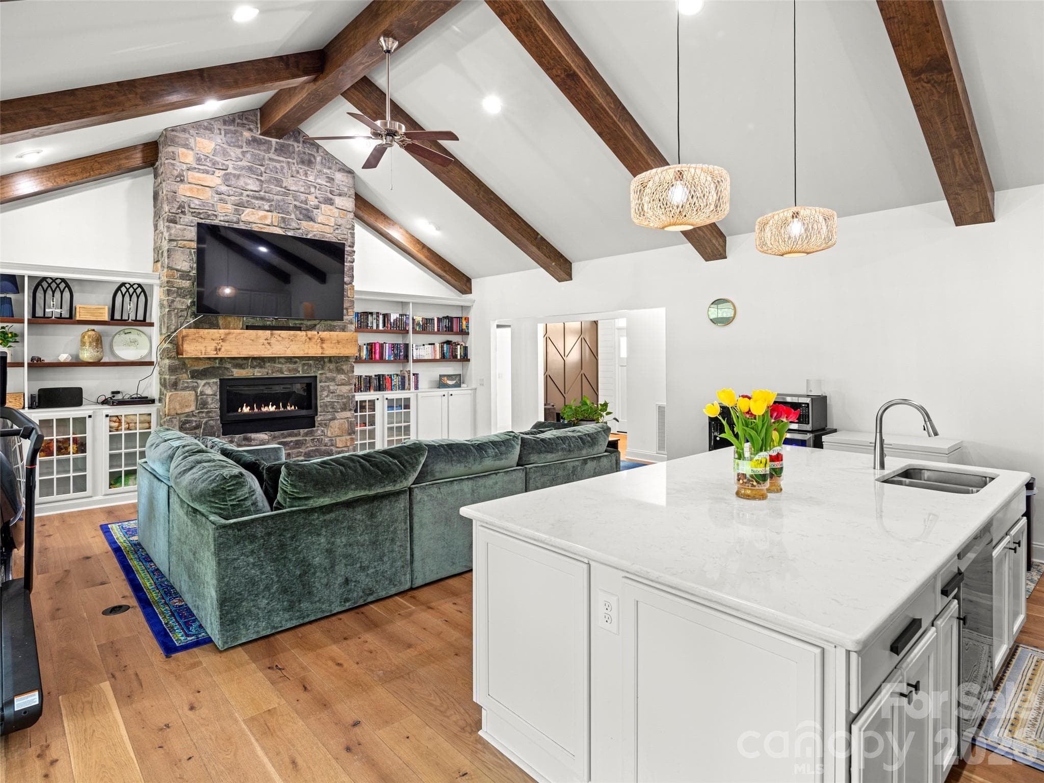 Bookcase built-ins, stone mantle, gas fireplace - 127 Rockbridge Road, Mills River