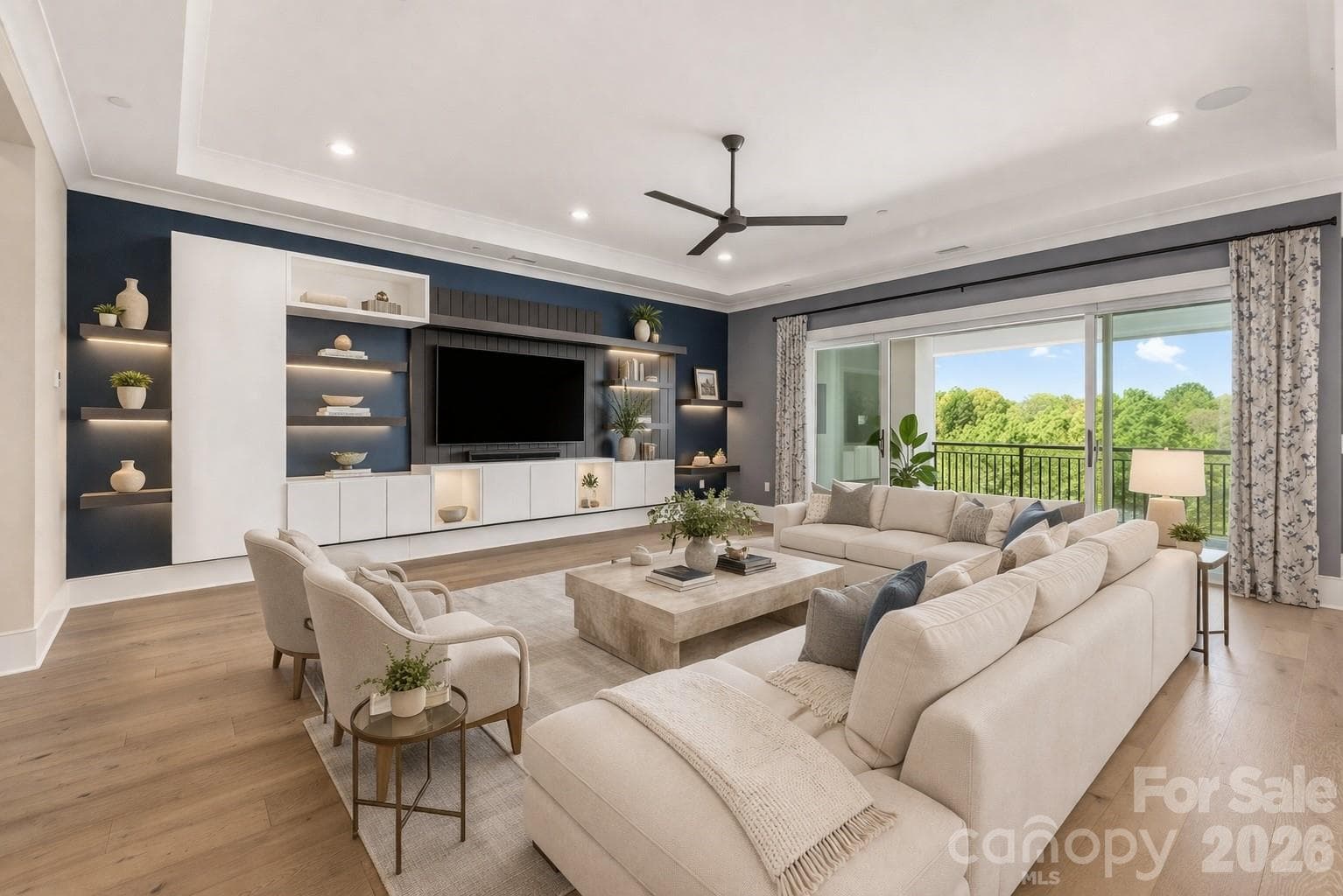 Virtually staged living room off lanai - 19329 Watermark Drive, Cornelius