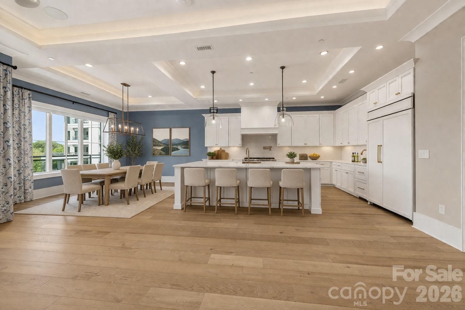Virtually staged big view of kitchen and dining - 19329 Watermark Drive, Cornelius
