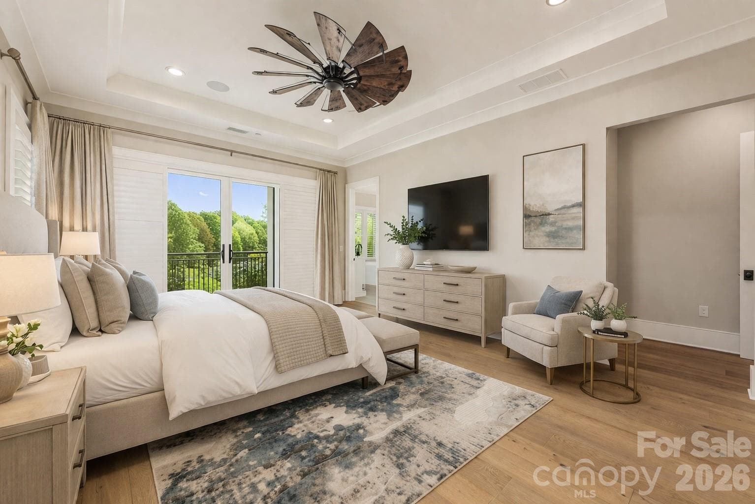 Virtually staged Primary Bedroom with entrance - 19329 Watermark Drive, Cornelius