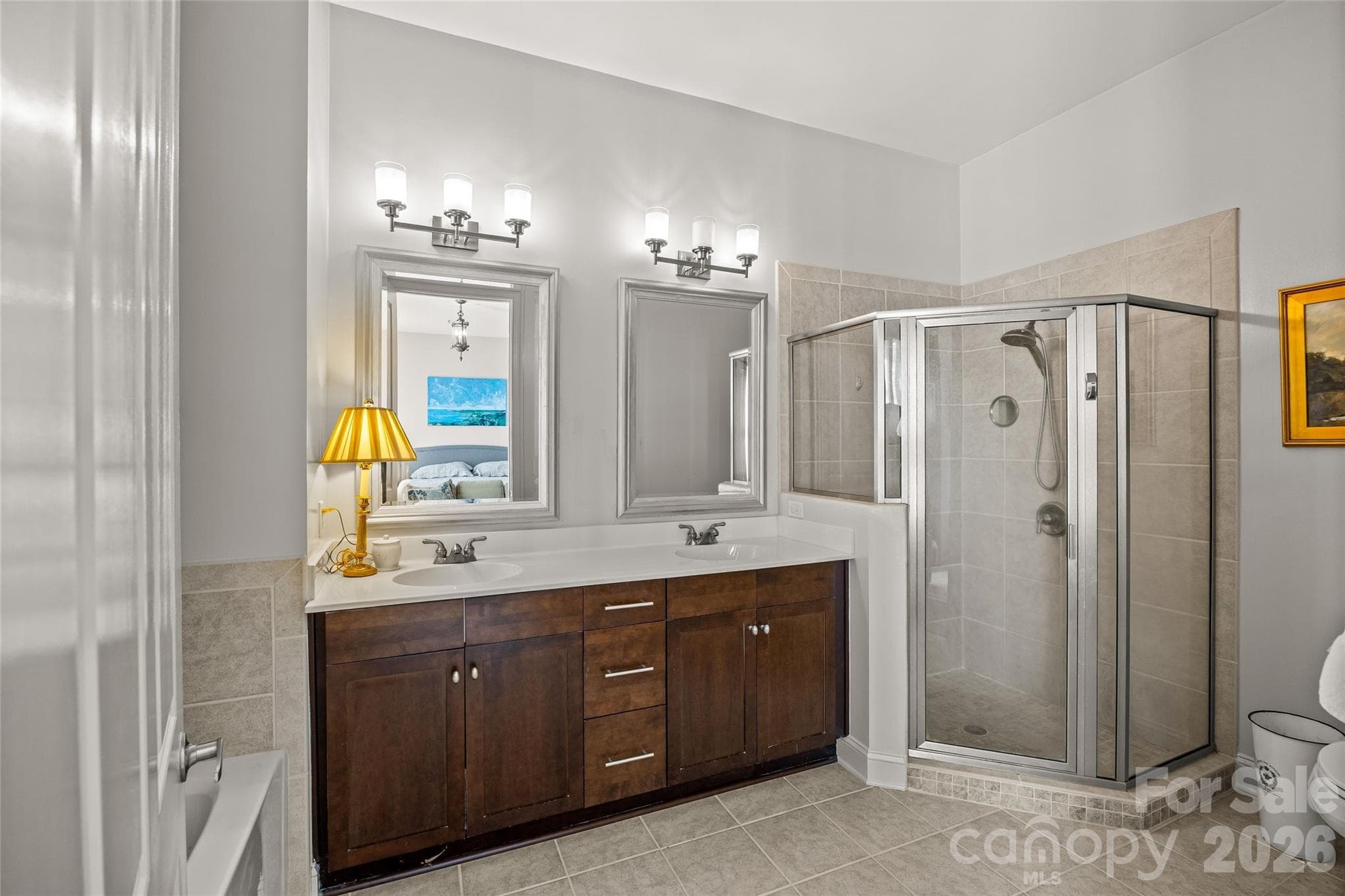 Primary bathroom with double vanity, shower and bathtub - SouthGate on Fairview, Charlotte