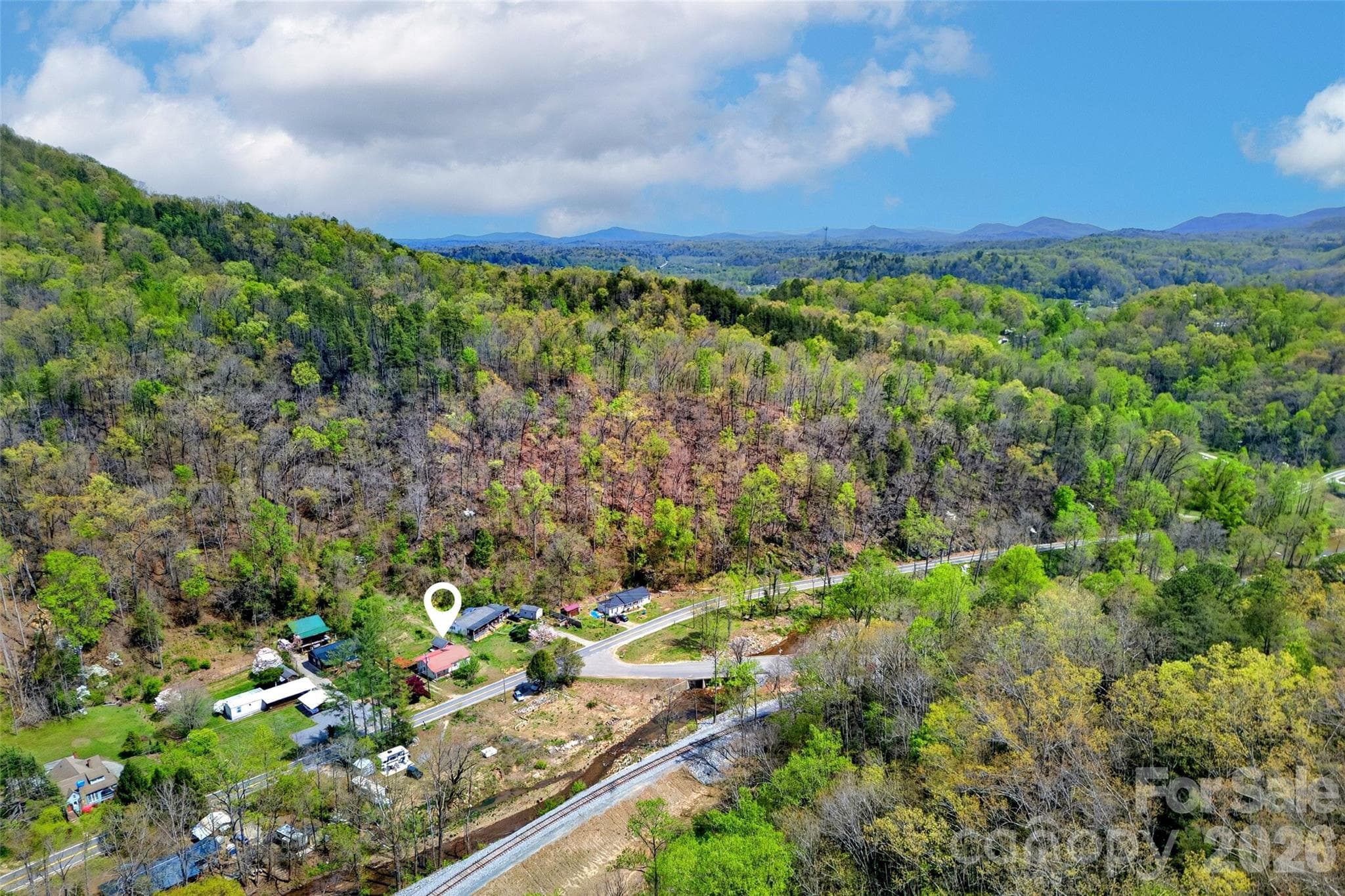 Drone view for Old Fort with home location noted. - Old Fort