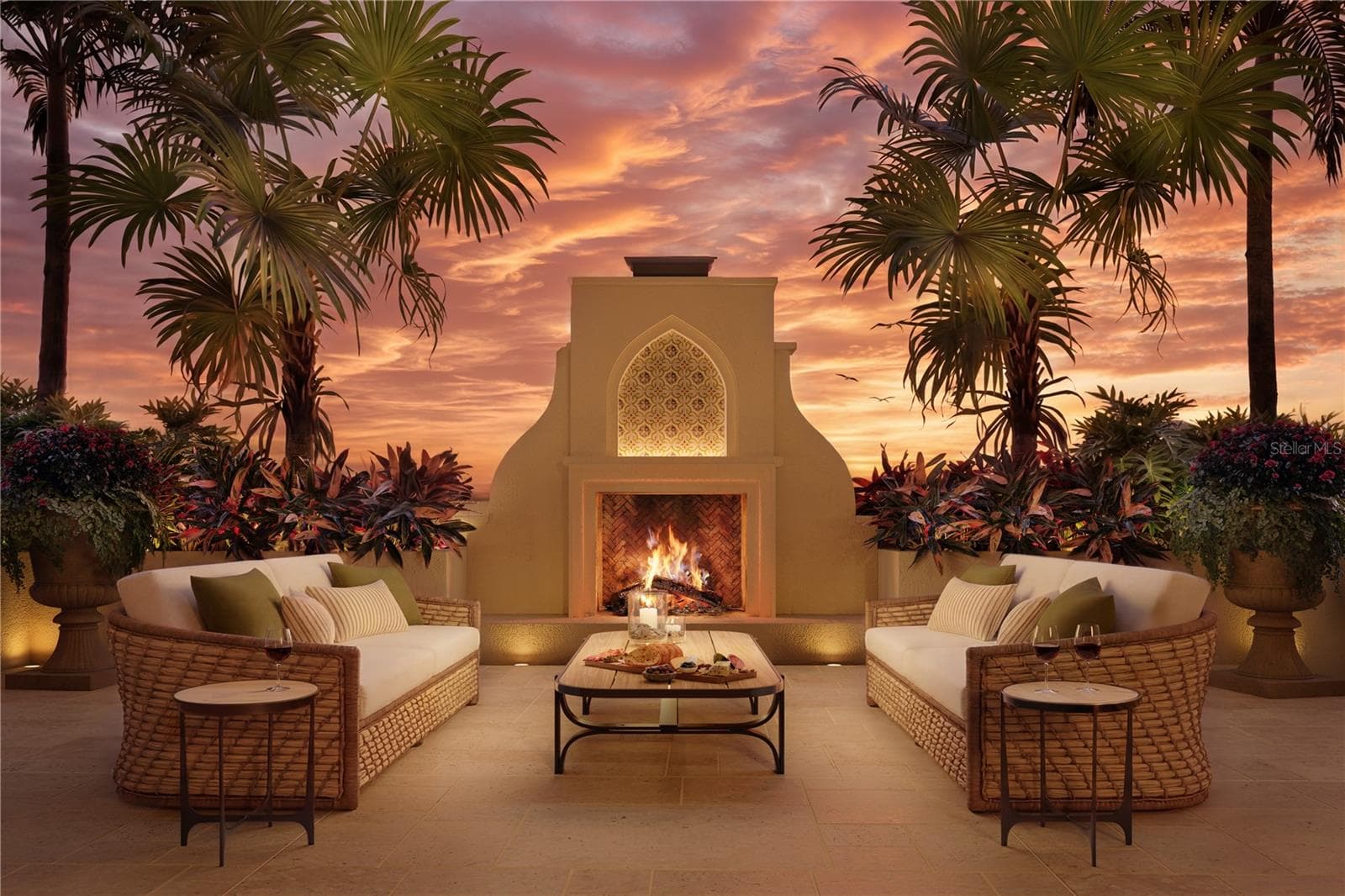Elegant outdoor fireplace on the 6th floor Club Castille Amenity Deck - an elevated setting for refined, intimate gatherings. - 65 S PALM AVE #1205, SARASOTA